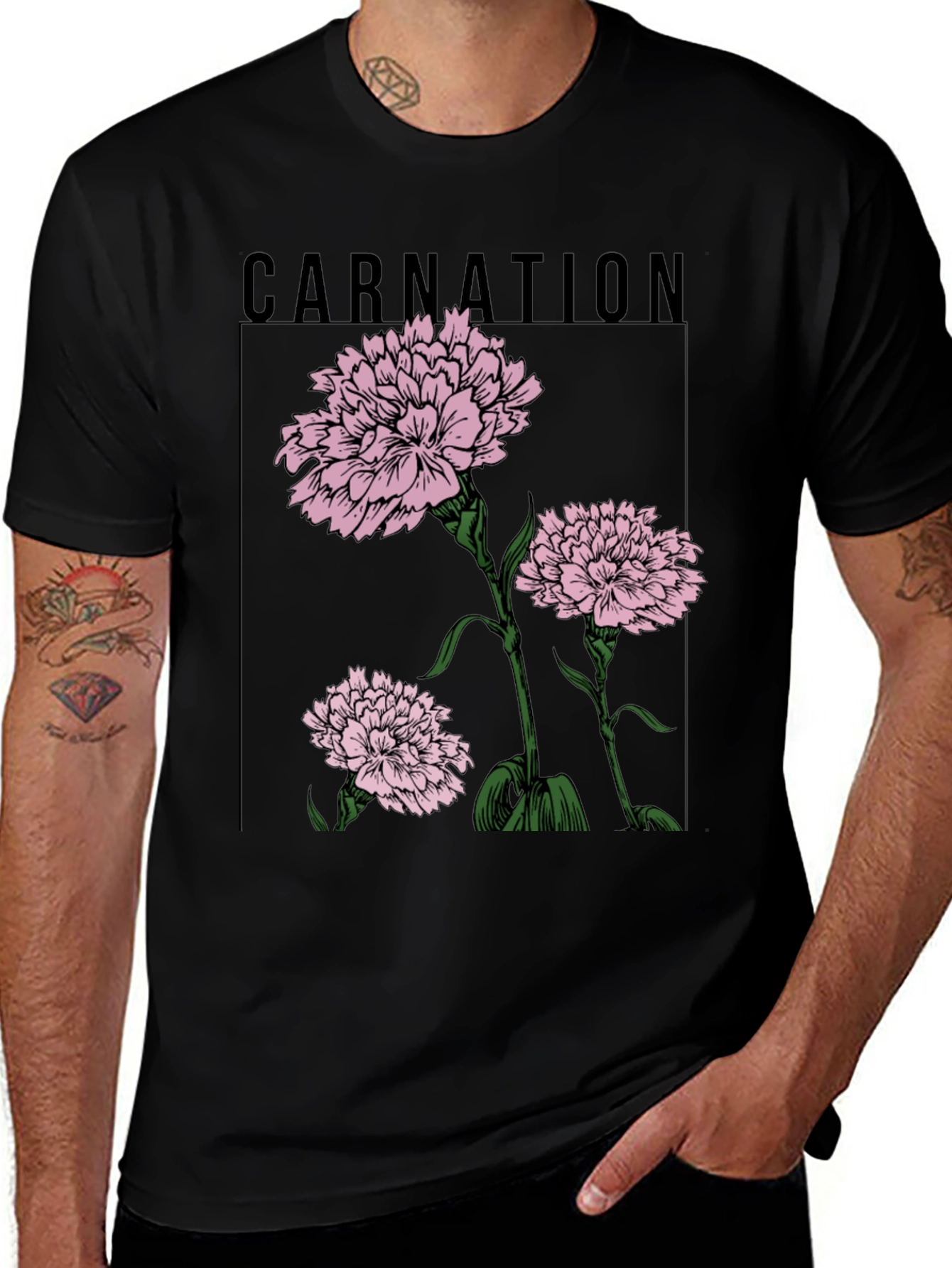 Variant 3 of Carnation Flower Graphic Black T-Shirt