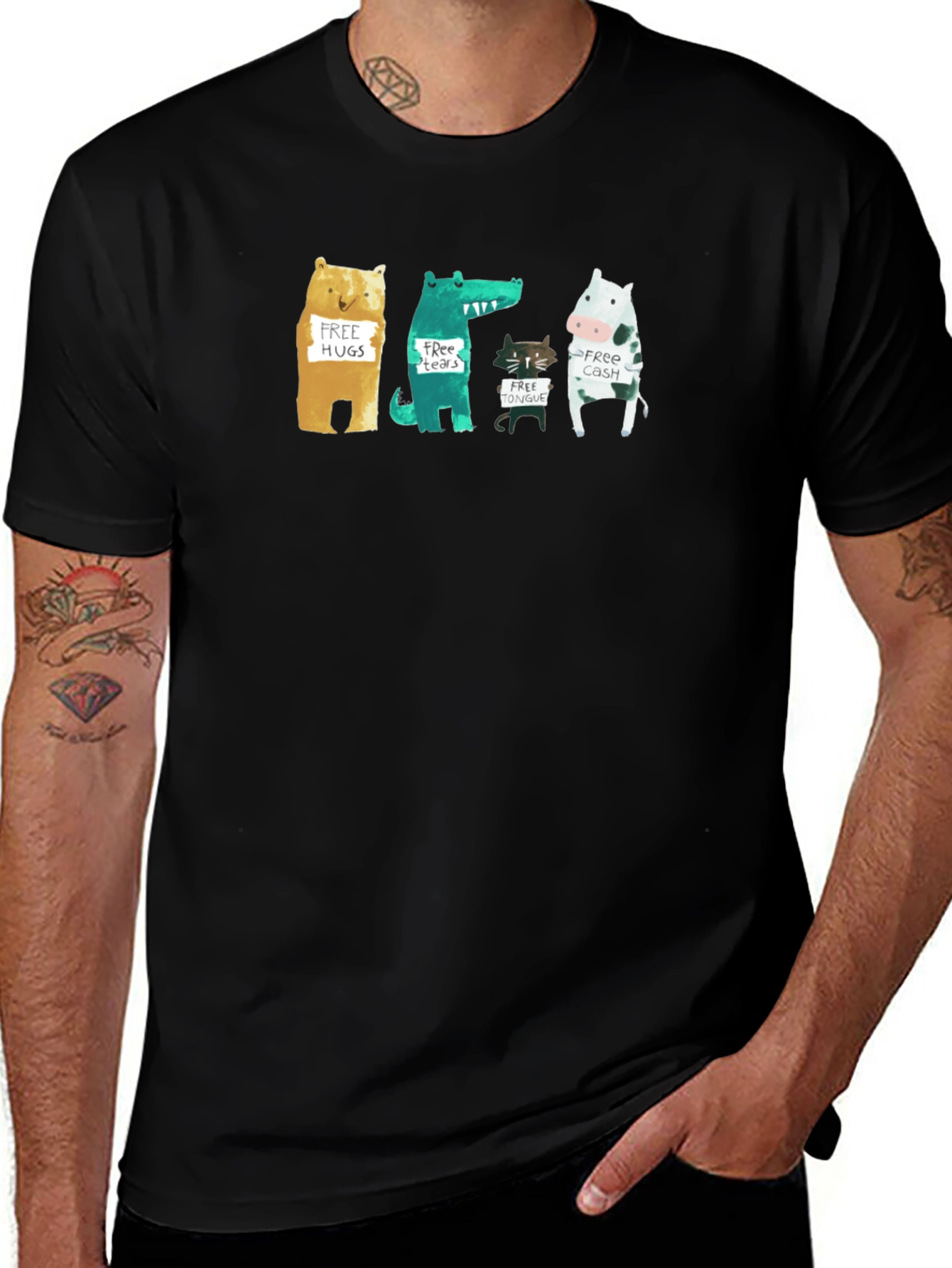Black Animal Humor Graphic Tee - Free Hugs, Tears, Tongue, Cash! main image