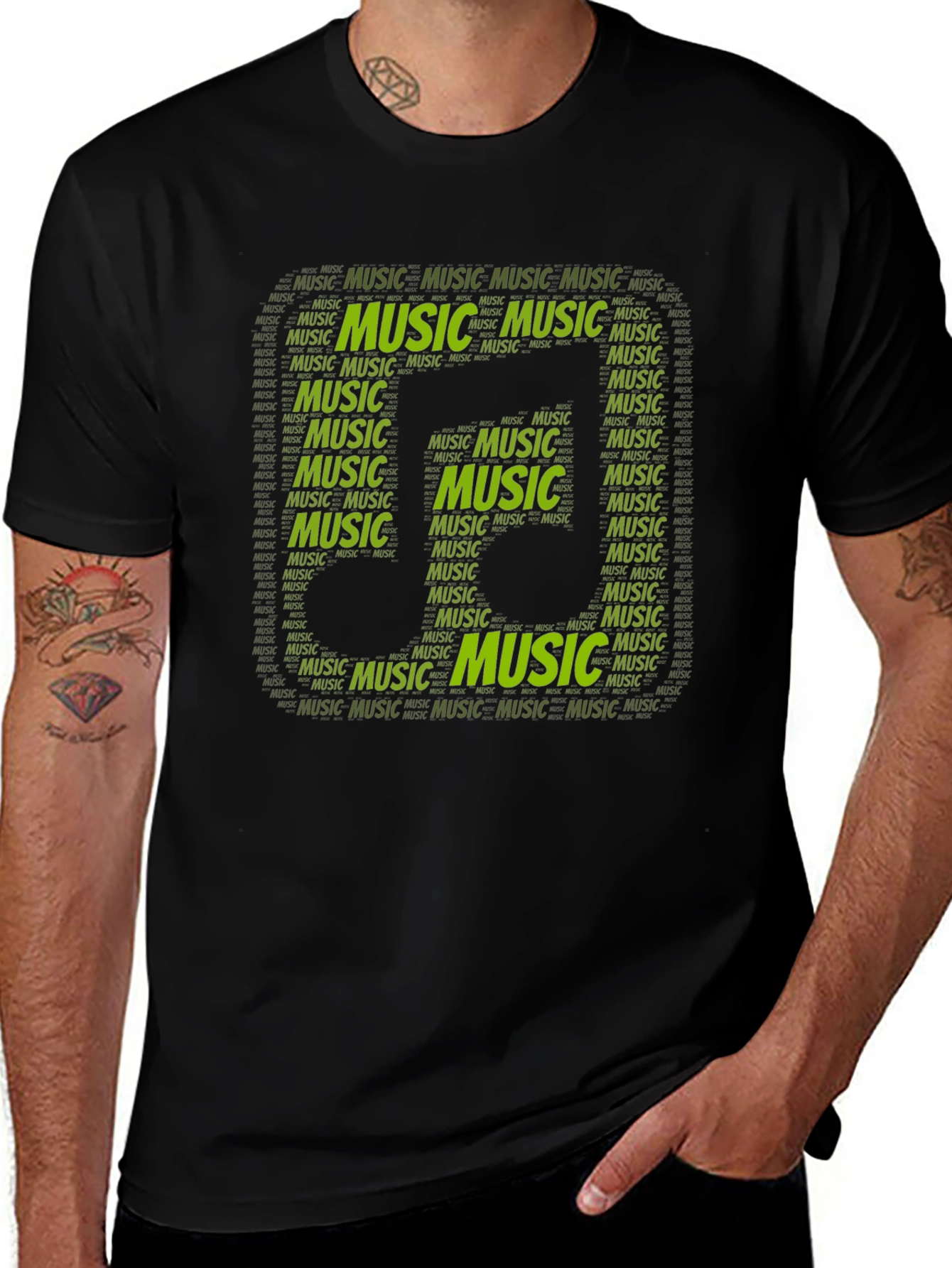 Variant 2 of Music Note Word Art Graphic Black T-Shirt