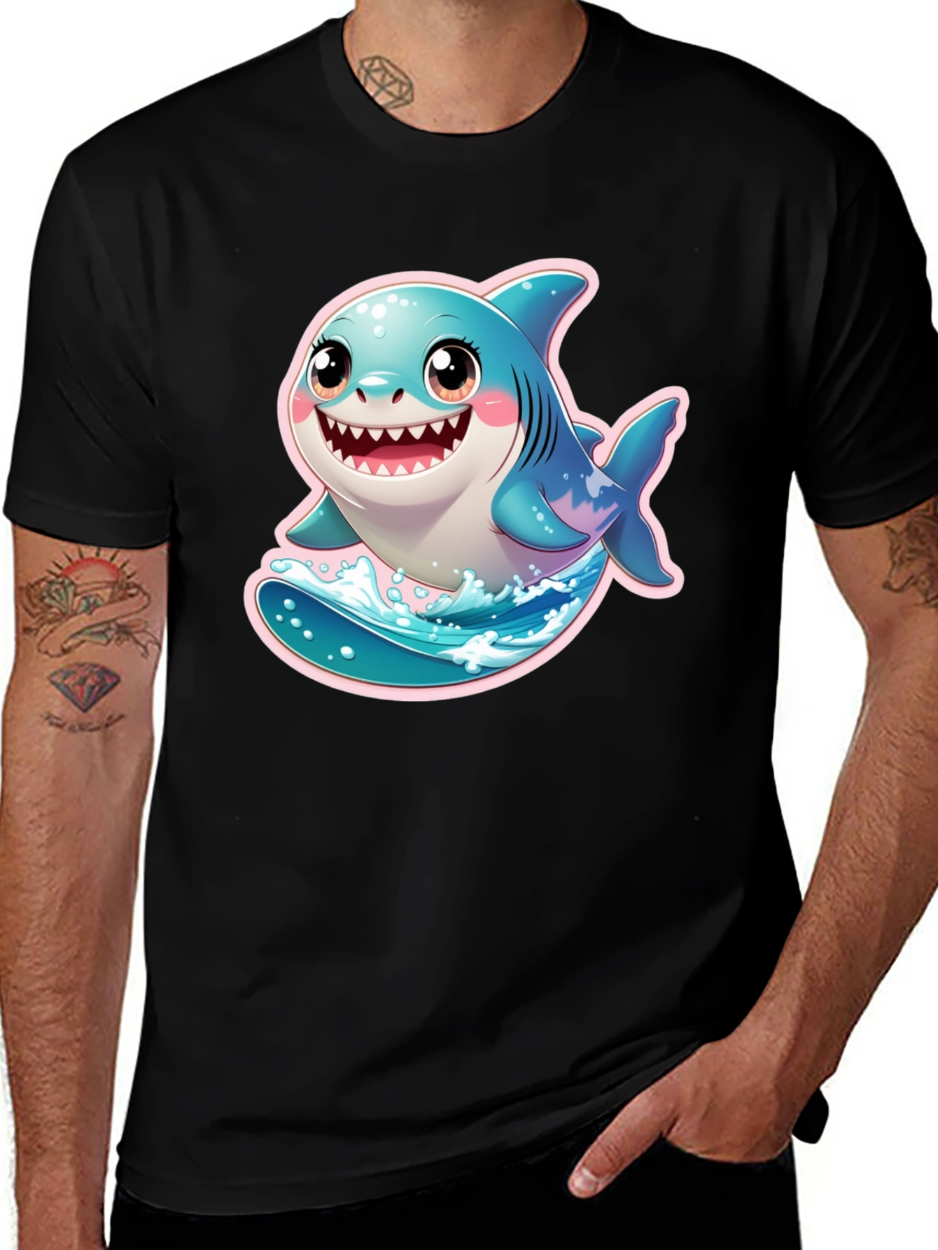 Variant 10 of Cute Cartoon Shark Graphic Black T-Shirt