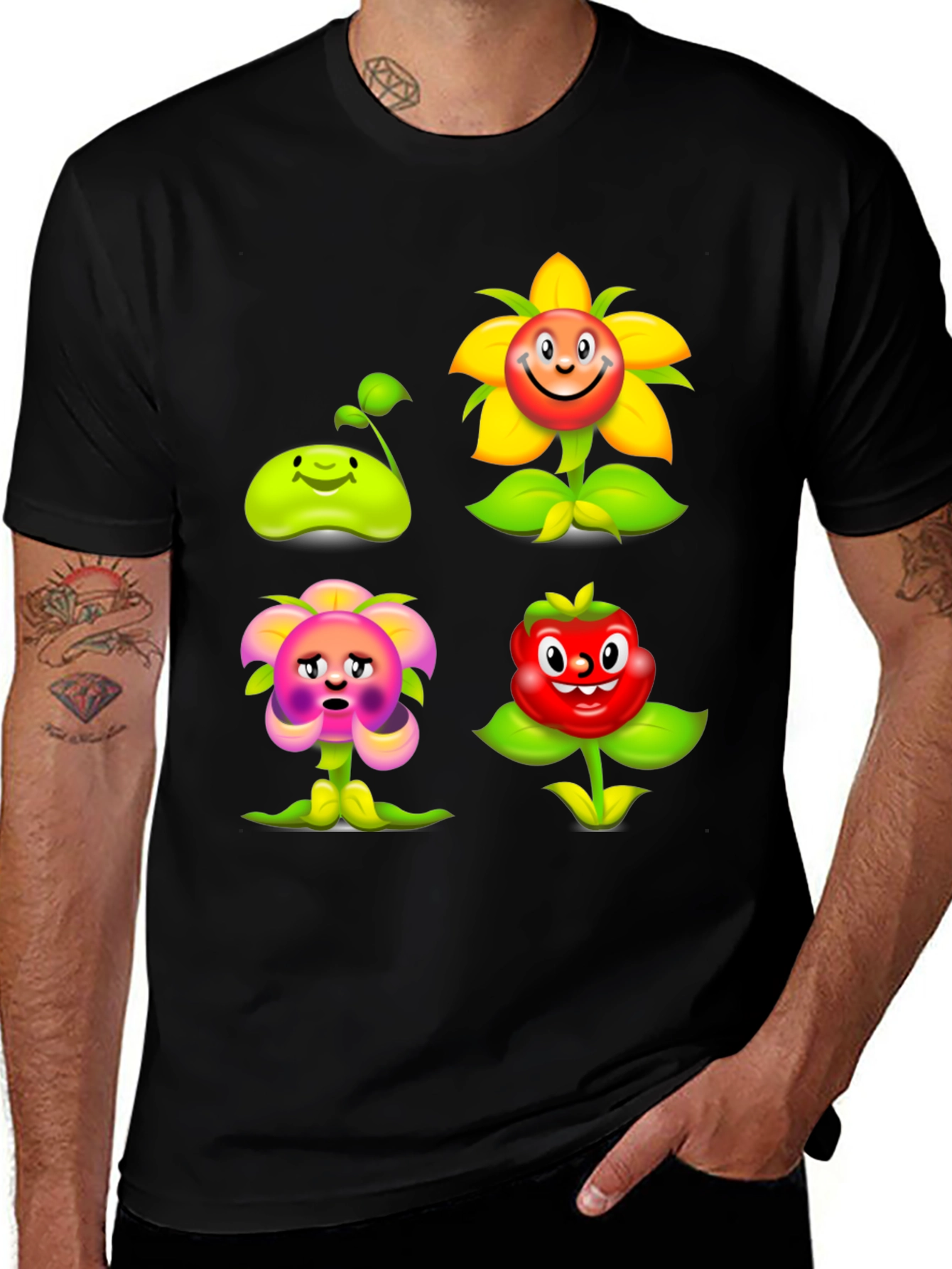 Variant 24 of Whimsical Cartoon Plant Graphic Tee - Black