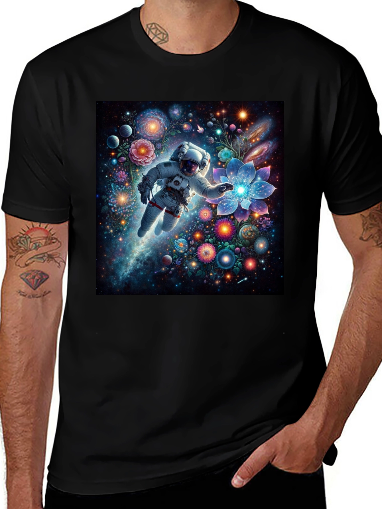 Variant 4 of Astronaut Galaxy Floral T-Shirt - Unisex