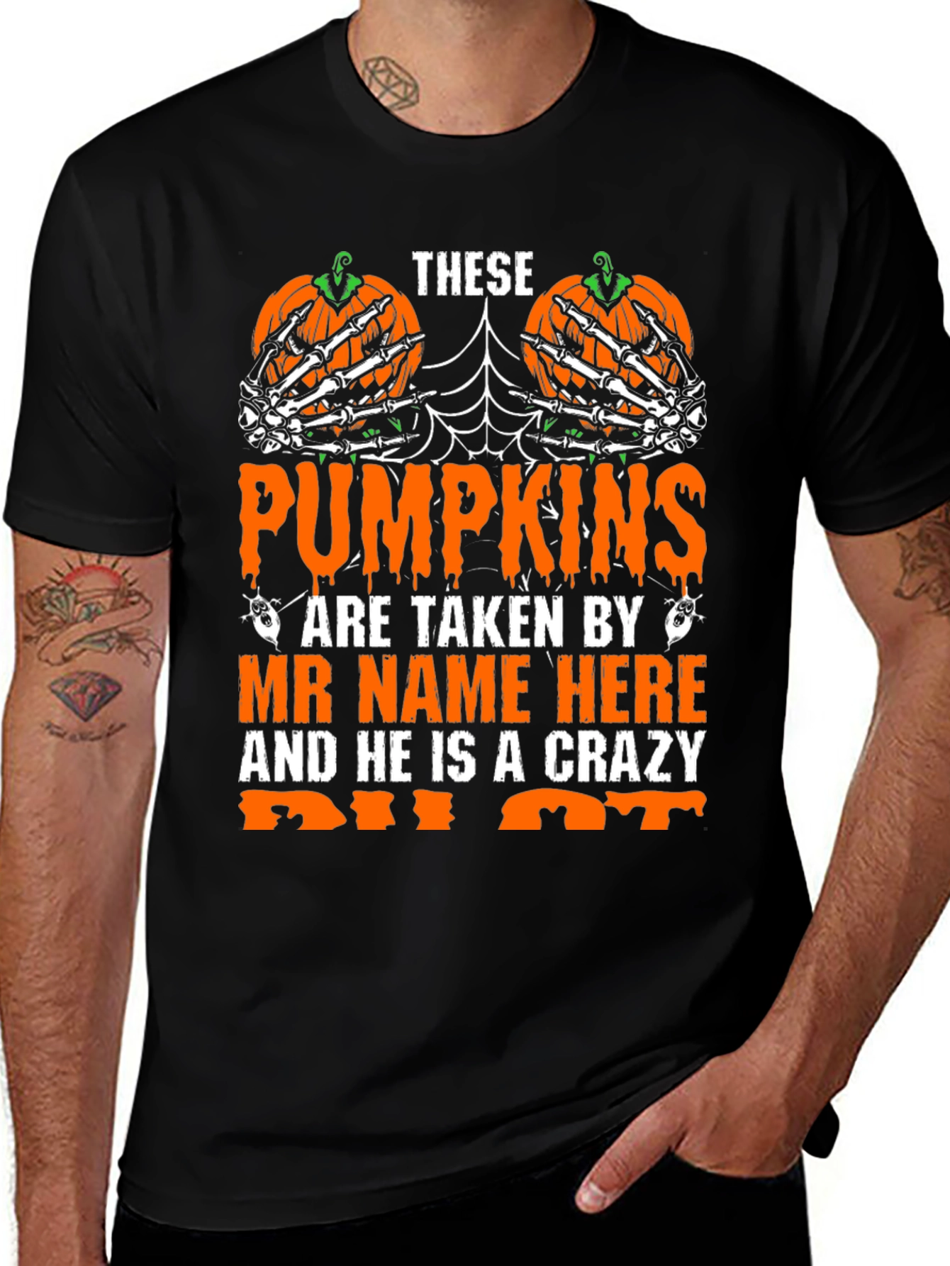 Variant 8 of Halloween Pumpkin Skeleton Hand Graphic Tee