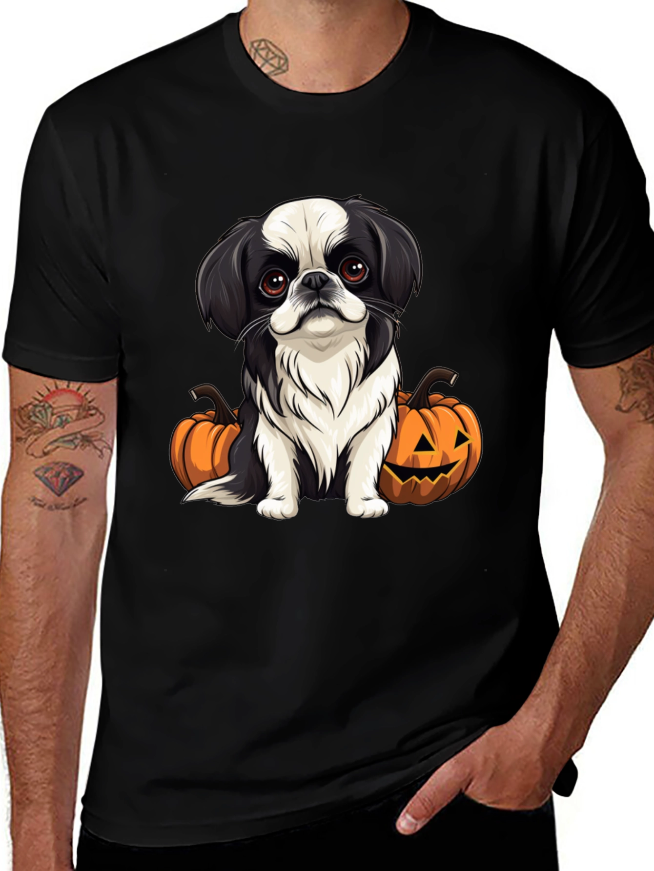 Variant 13 of Dog & Pumpkins Black T-Shirt: Halloween Holiday