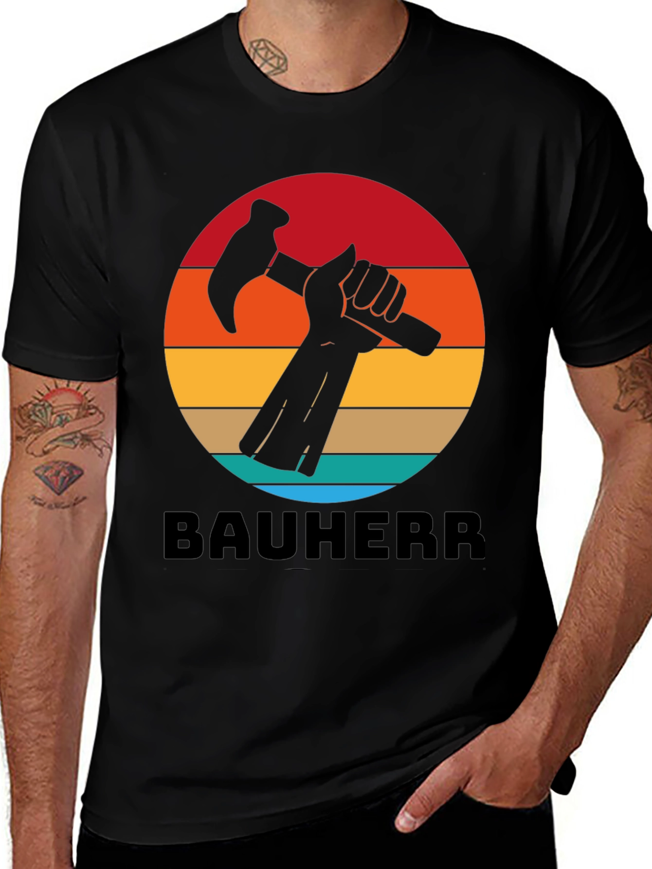 Bauherr T-Shirt - Retro Sunset Hammer Design