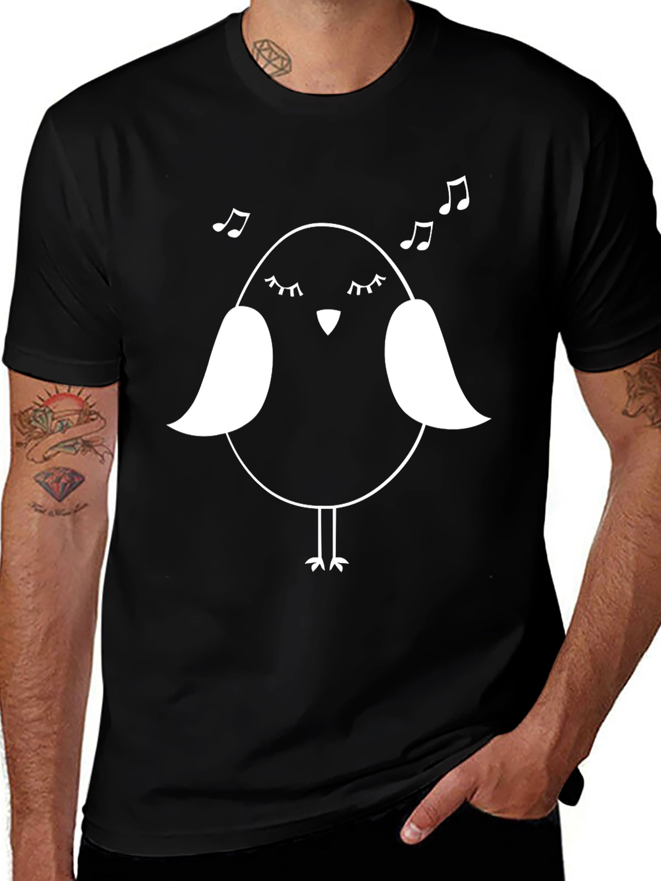 Cute Bird Graphic Tee - Black Cotton T-Shirt
