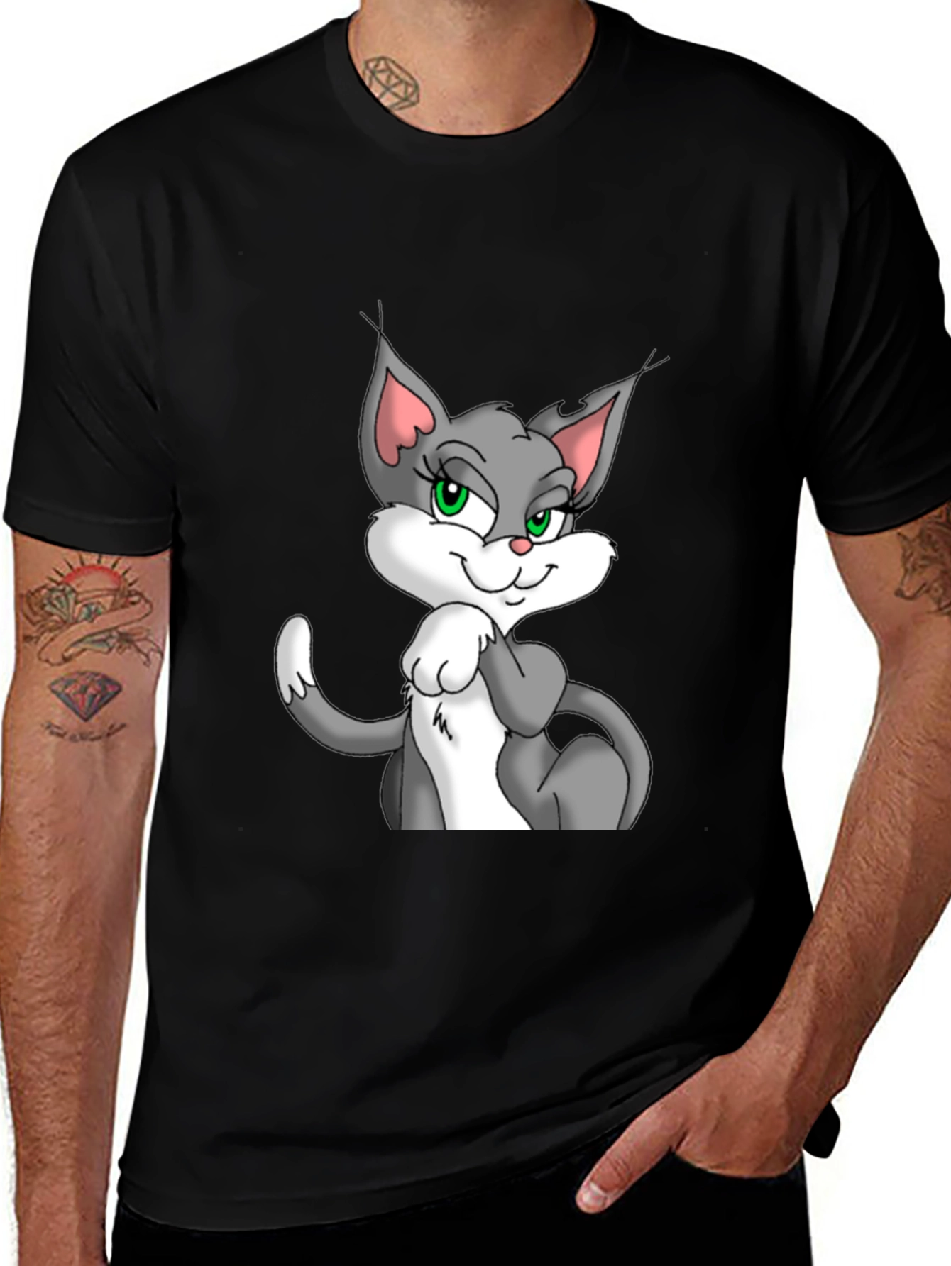 Variant 28 of Cartoon Cat Graphic Black T-Shirt for Men