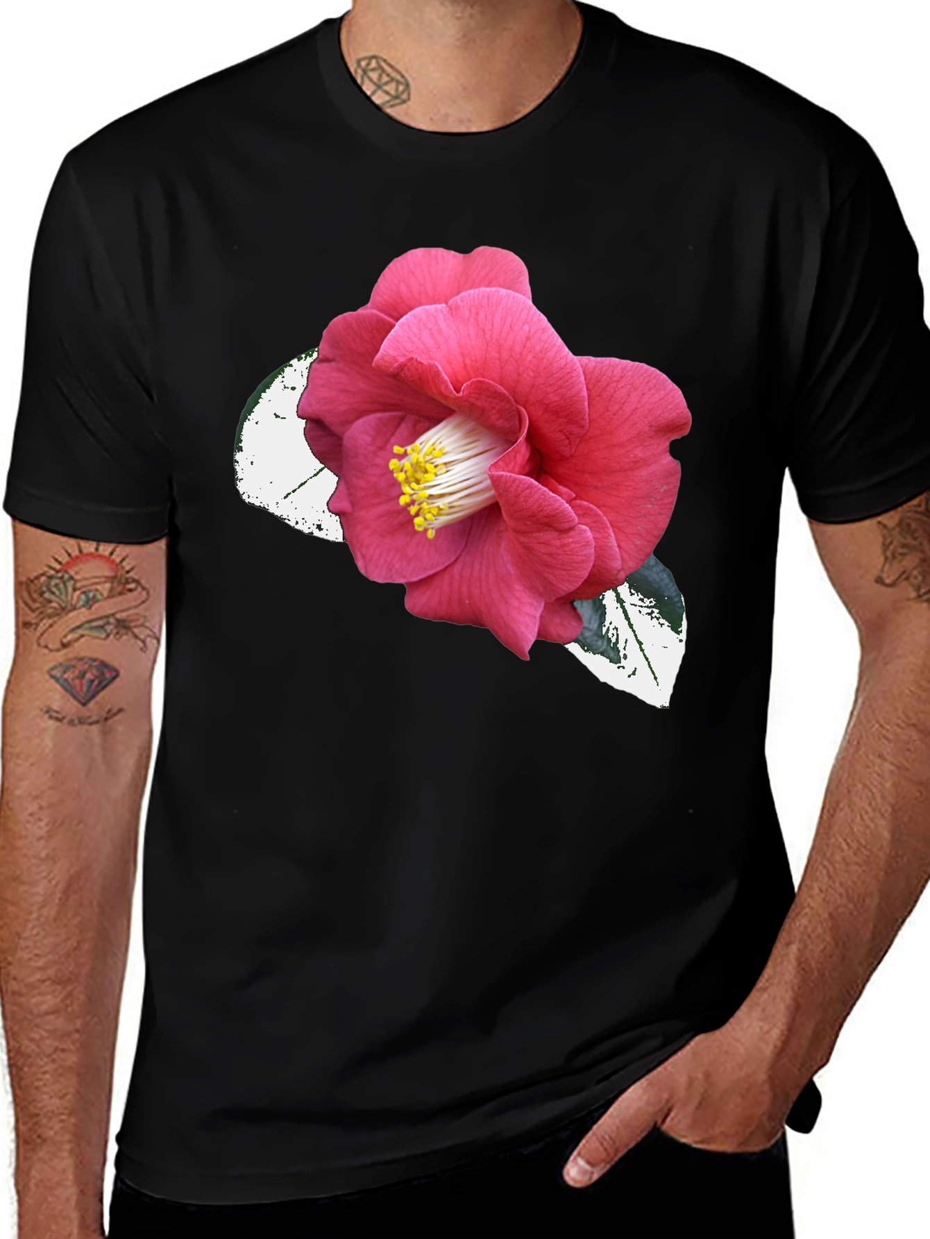 Black T-Shirt with Pink Camellia Flower Graphic