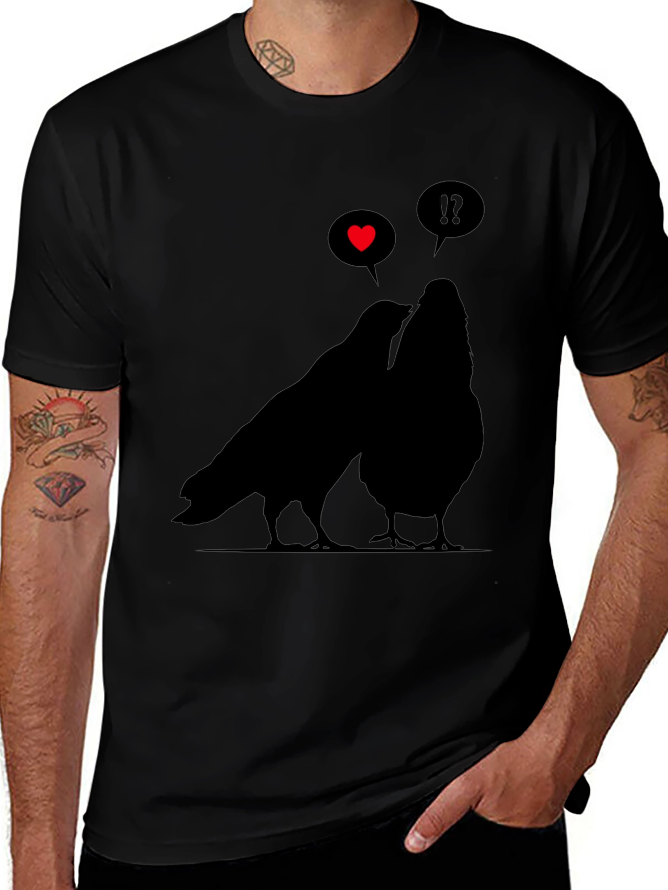 Romantic Birds Graphic Tee - Soft Black Cotton