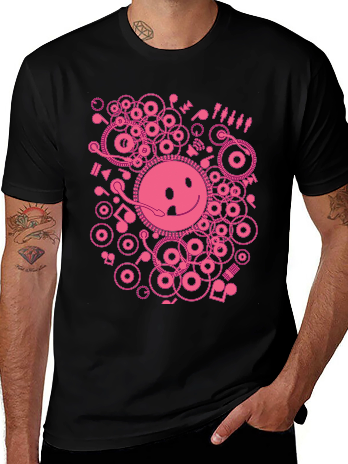 Pink Graphic Print Black T-Shirt