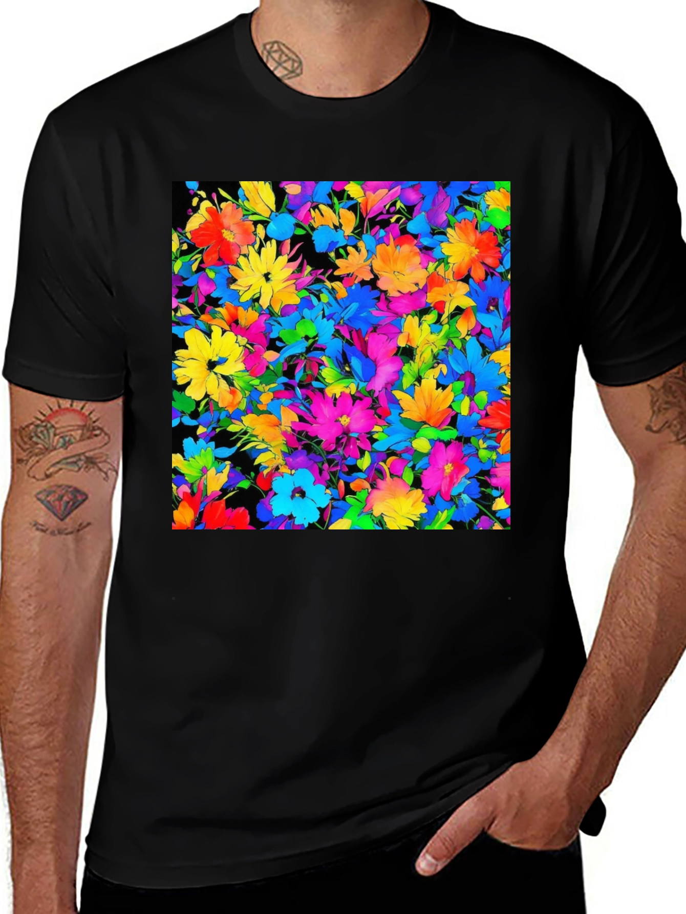 Variant 4 of Colorful Floral Print Men's Black T-Shirt