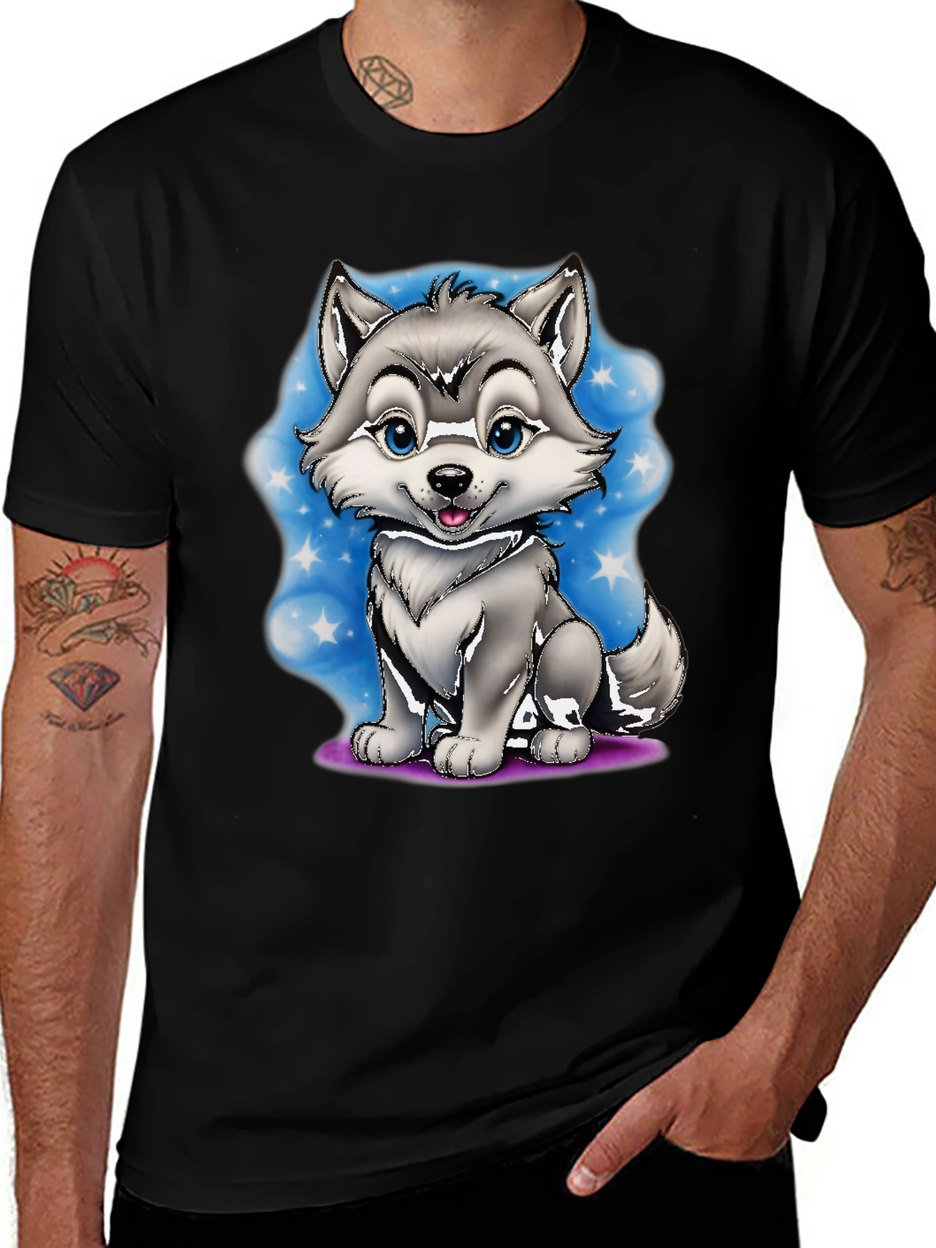 Variant 20 of Cute Cartoon Wolf Graphic Tee - Black