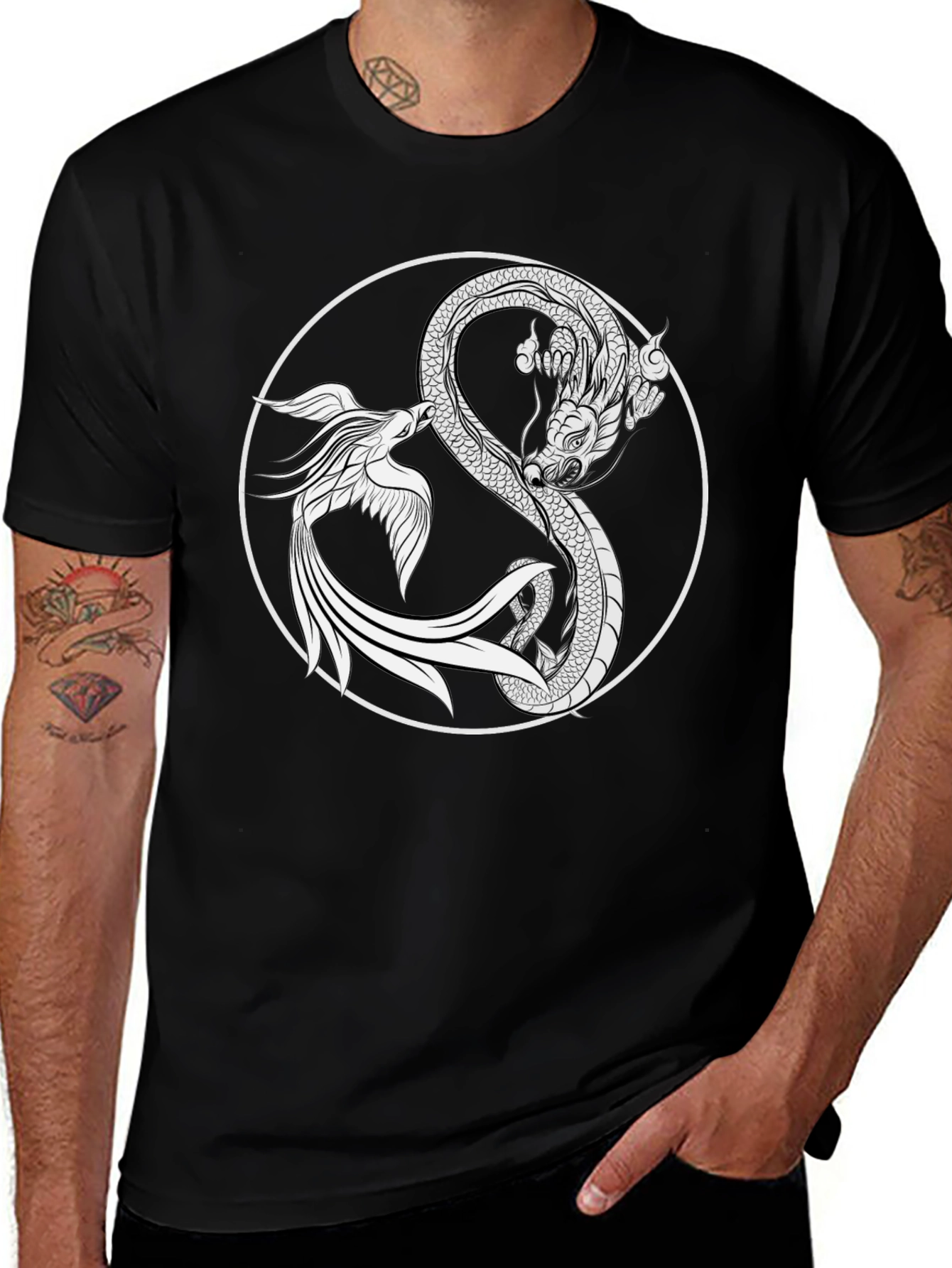 Variant 16 of Yin Yang Dragon & Phoenix Graphic Tee - Black Cotton T-Shirt