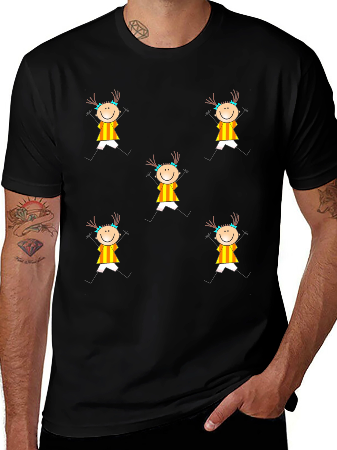 Variant 17 of Fun Stick Figure Patterned Black T-Shirt