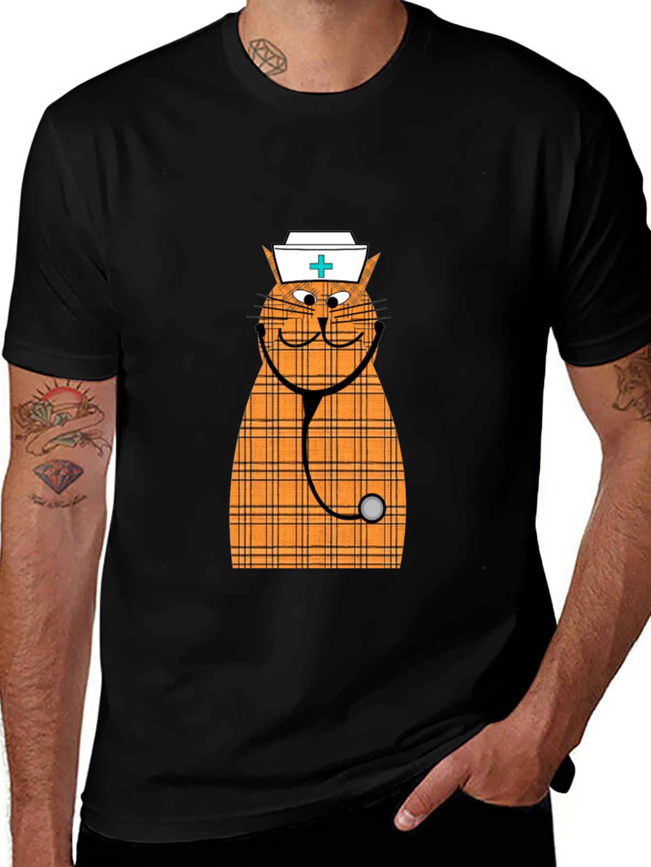 Variant 7 of Cat Nurse T-Shirt - Plaid Orange Design