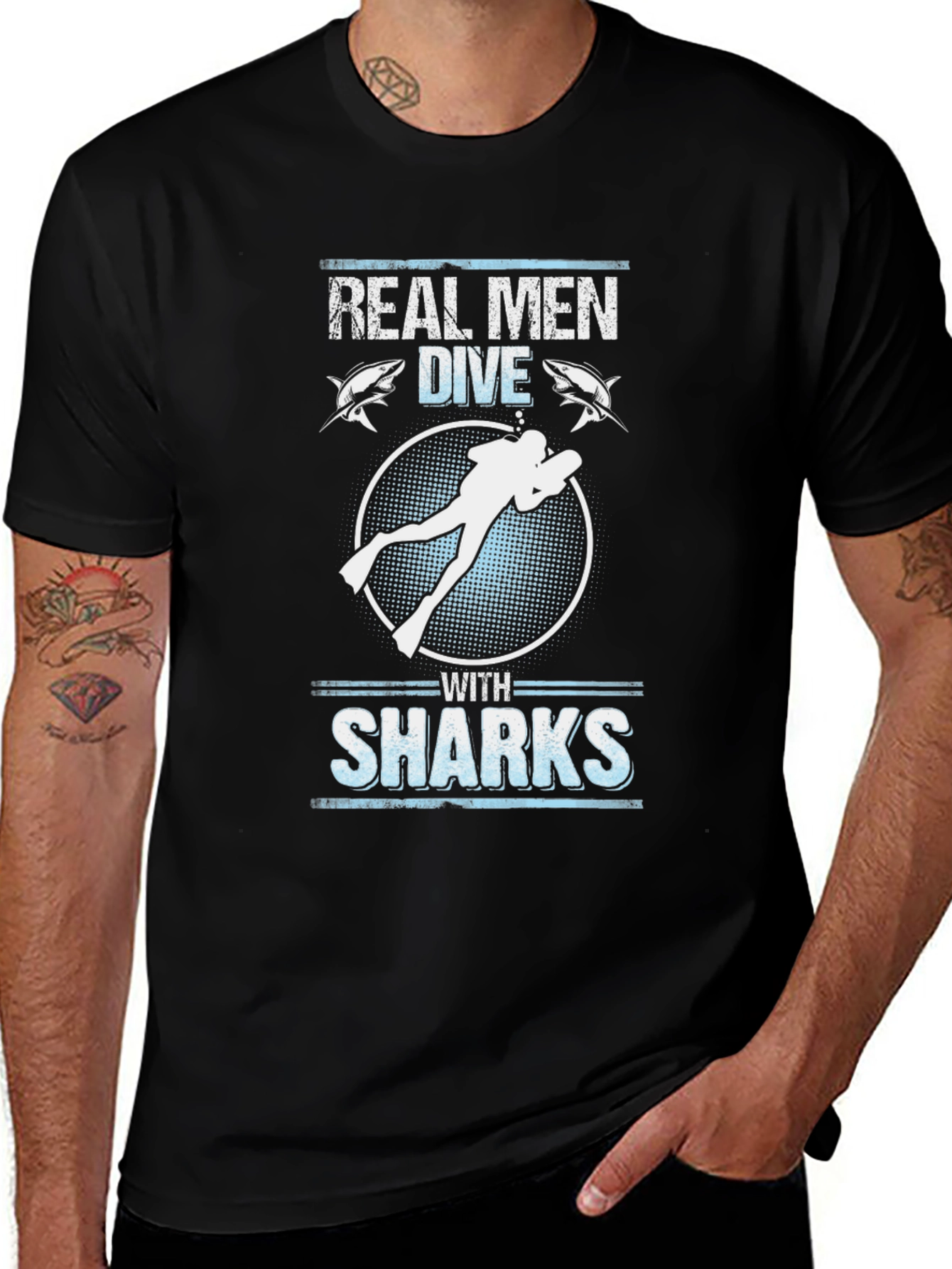 Variant 3 of Real Men Dive With Sharks Black Graphic T-Shirt