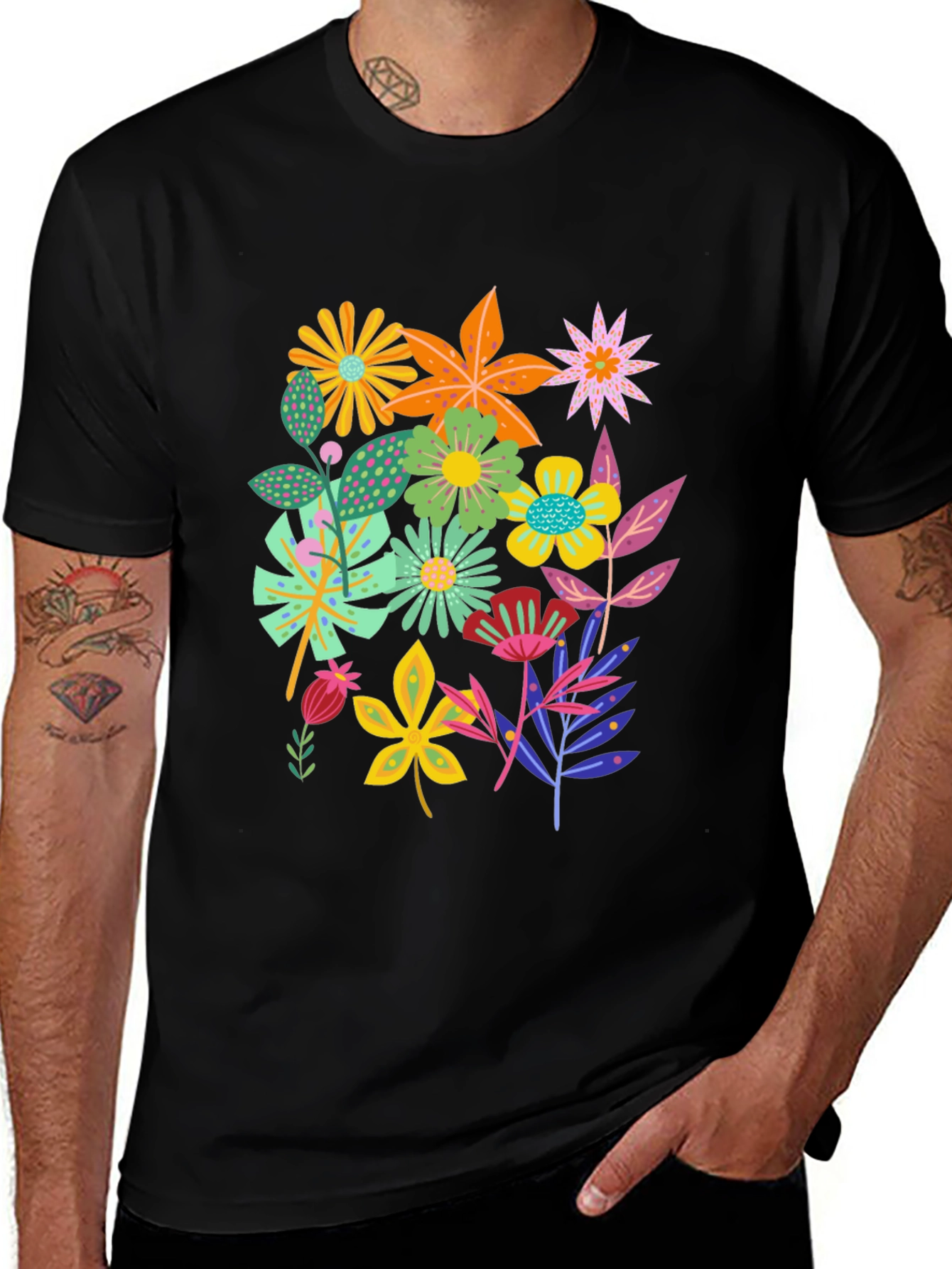 Variant 2 of Floral Print Black T-Shirt for Men