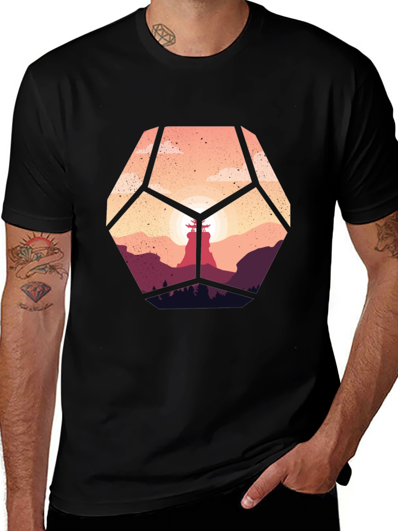 Variant 11 of Geometric Sunset Graphic Tee - Stylish Men's Black T-Shirt