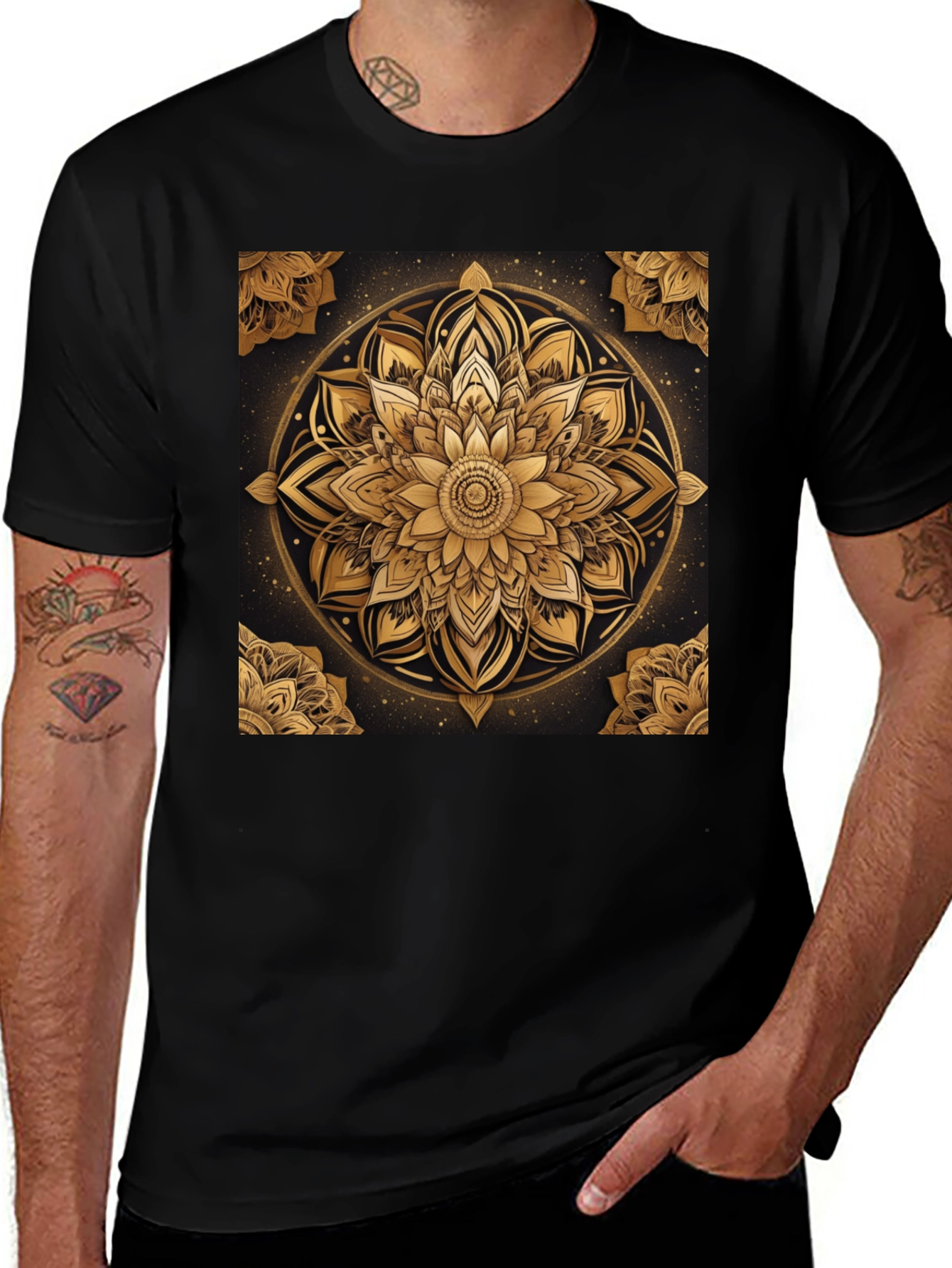 Variant 20 of Golden Mandala Print Black T-Shirt