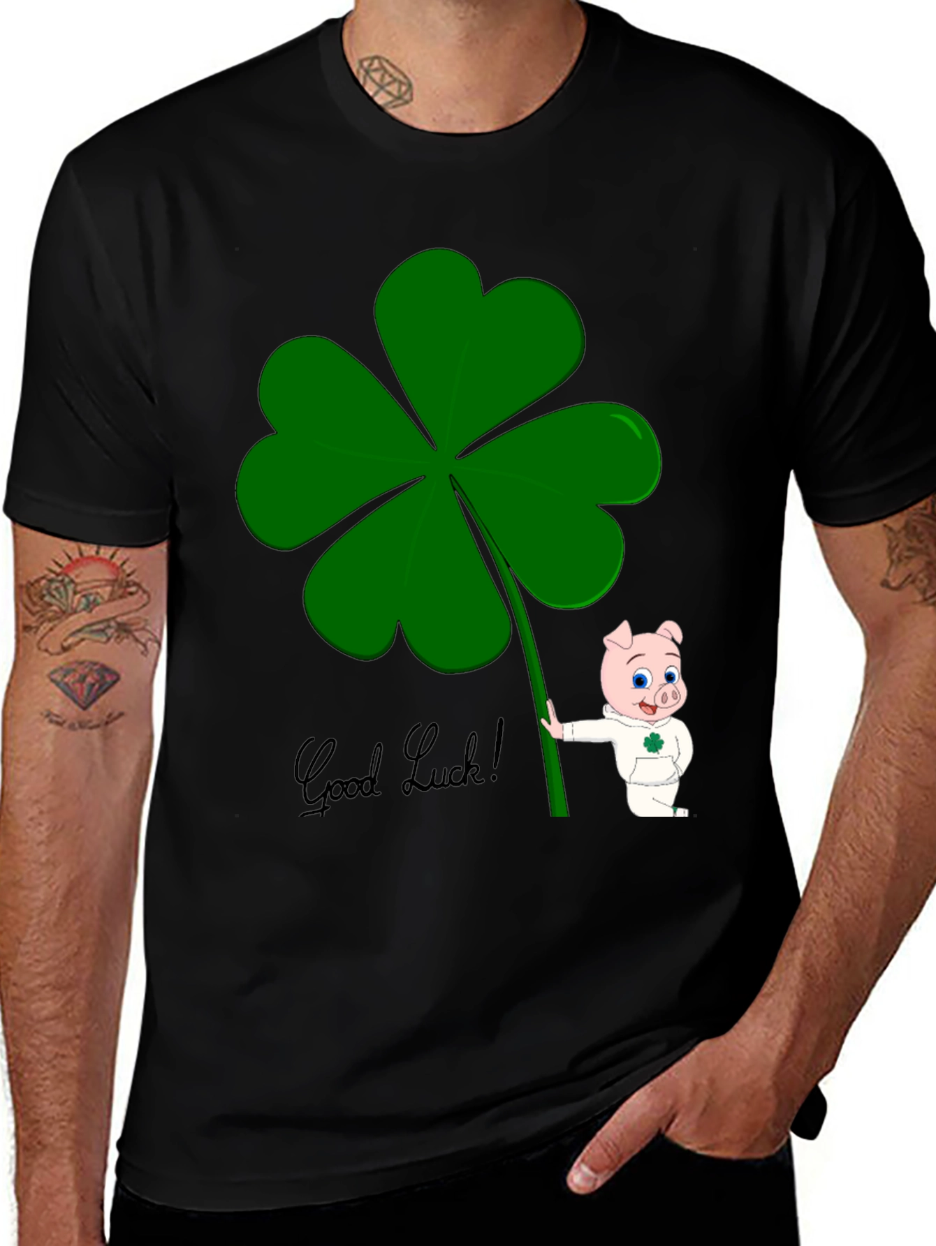 Variant 2 of Lucky Pig Shamrock T-Shirt - Good Luck Charm Tee