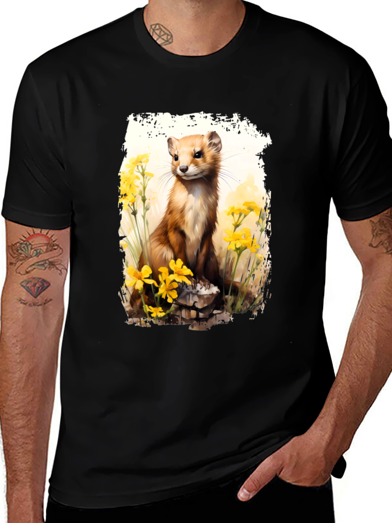 Variant 13 of Weasel & Flowers Black T-Shirt - Unique Graphic Tee