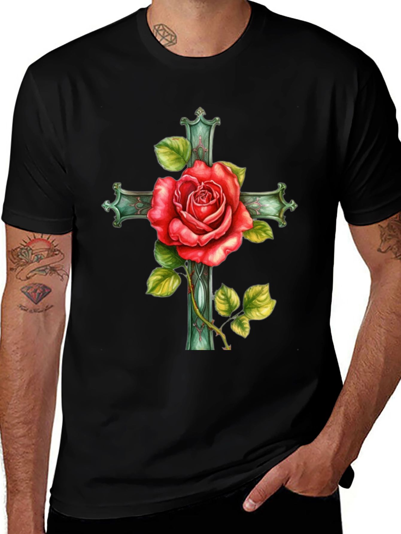 Variant 20 of Rose Cross Graphic Tee - Stylish Black T-Shirt