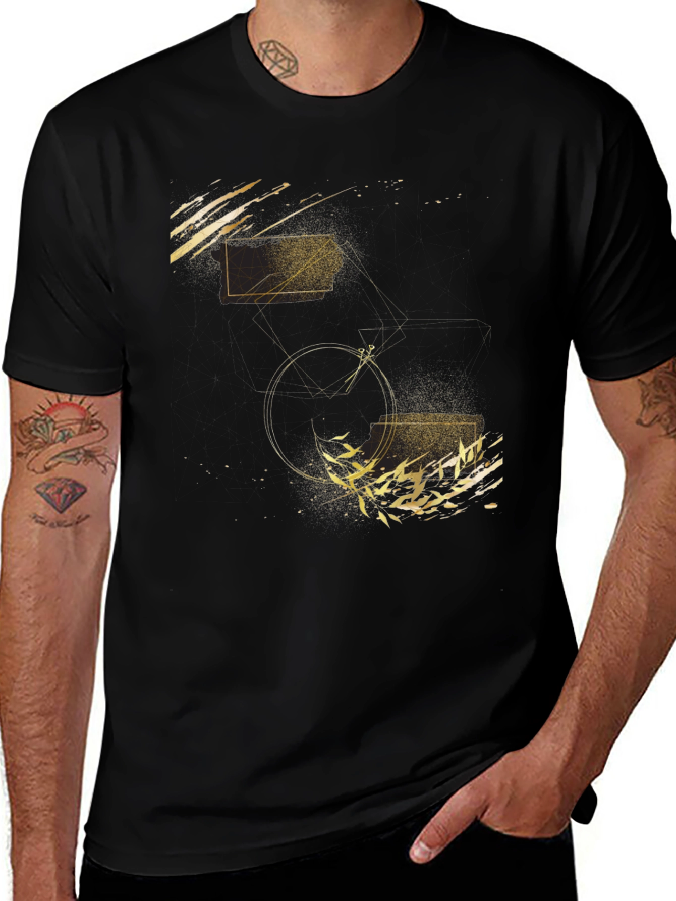 Variant 27 of Abstract Geometric Gold Print Black T-Shirt