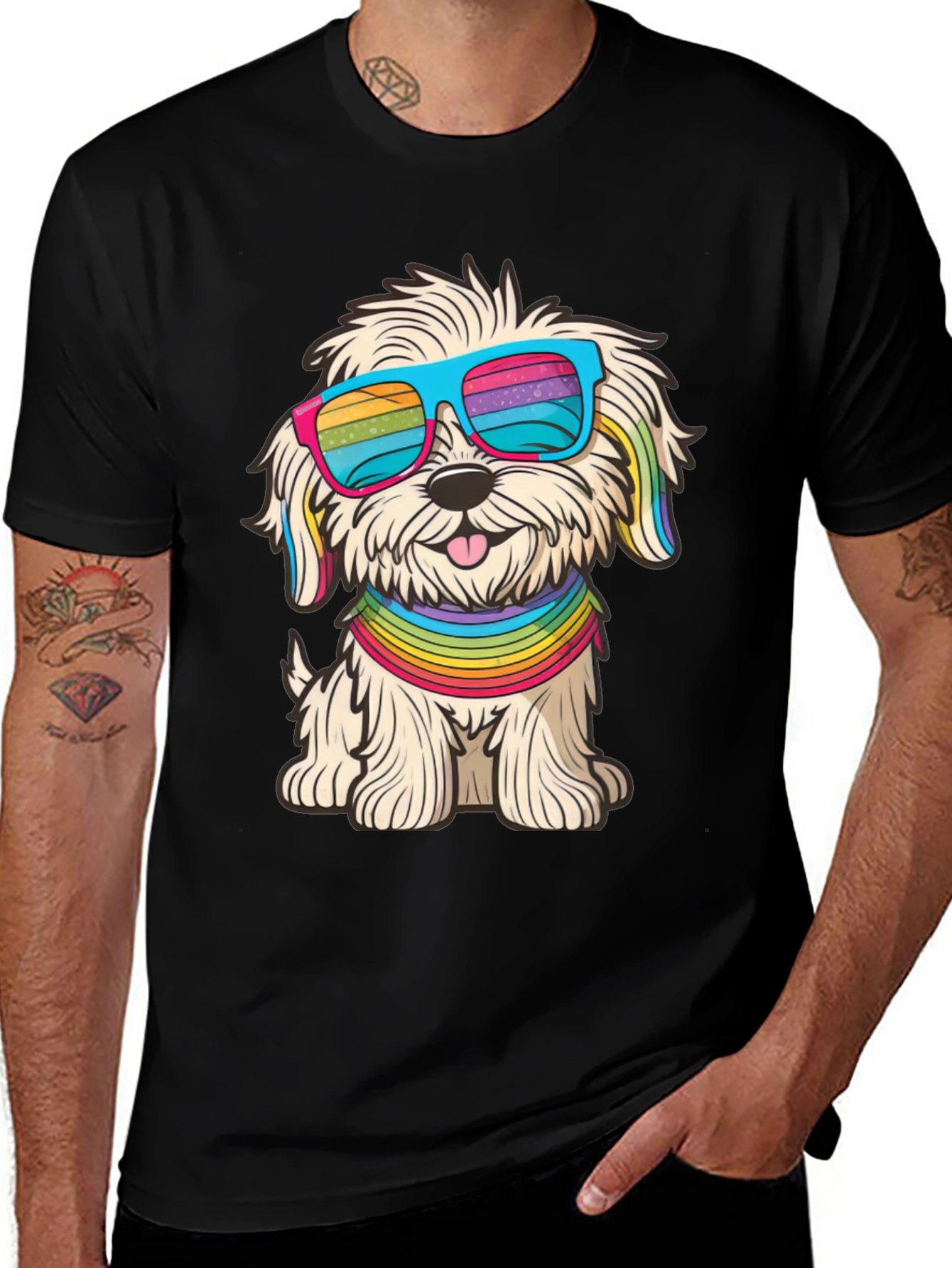 Variant 6 of Cool Dog Tee: Rainbow Shades & Scarf - Fun & Stylish!