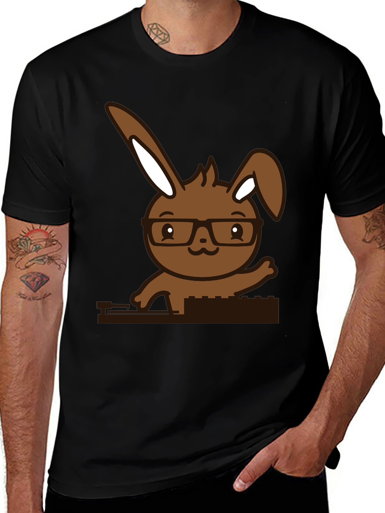 Variant 20 of Hipster Bunny Graphic Tee - Black Cotton Blend