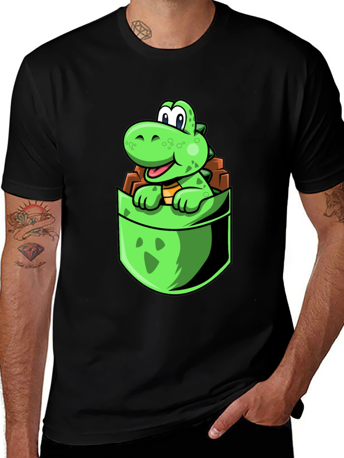 Variant 14 of Dino Pocket Tee - Cute Cartoon Dinosaur Black T-Shirt