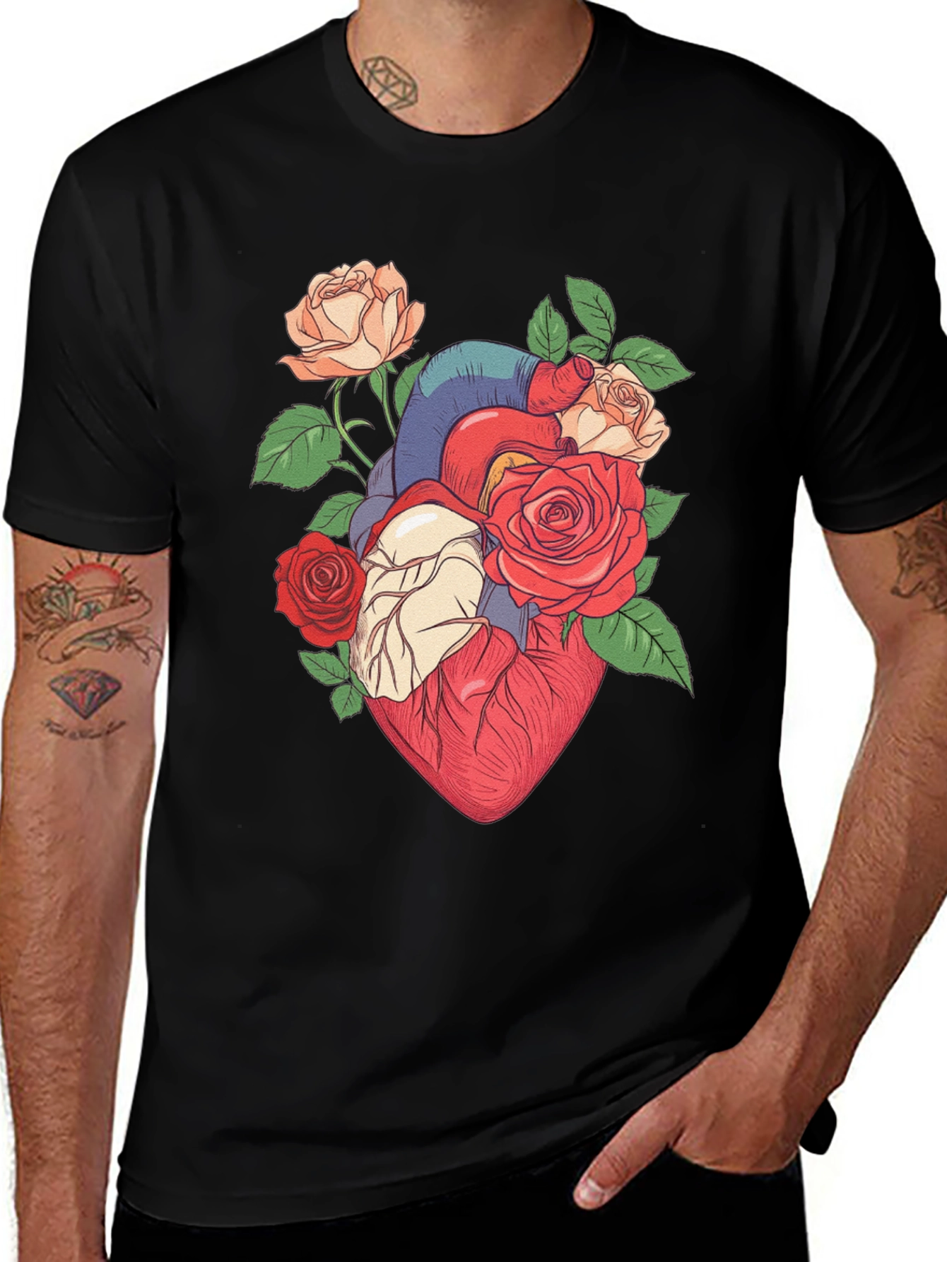Variant 13 of Floral Heart Print Black T-Shirt