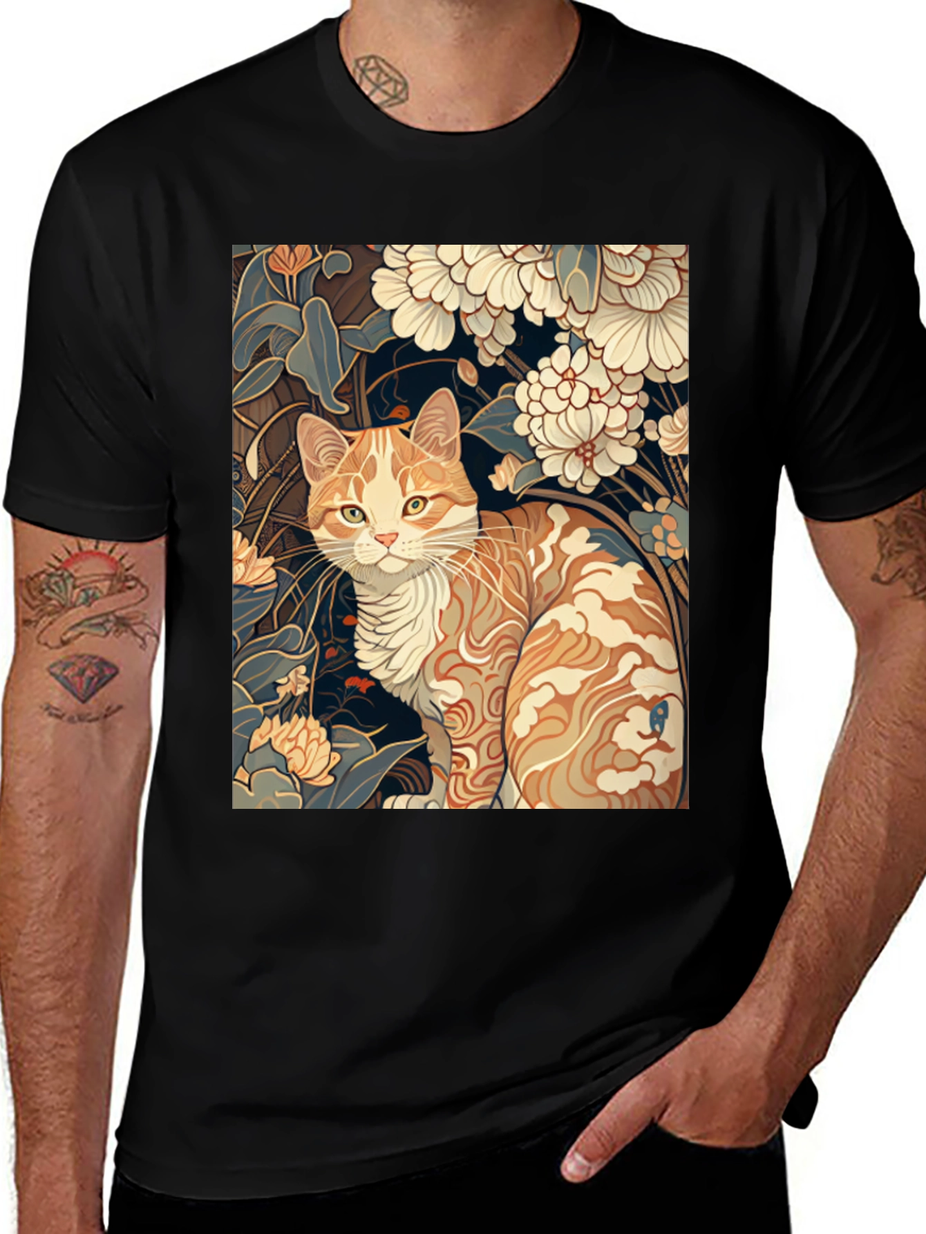 Variant 4 of Cat & Floral Art T-Shirt - Stylish Graphic Tee