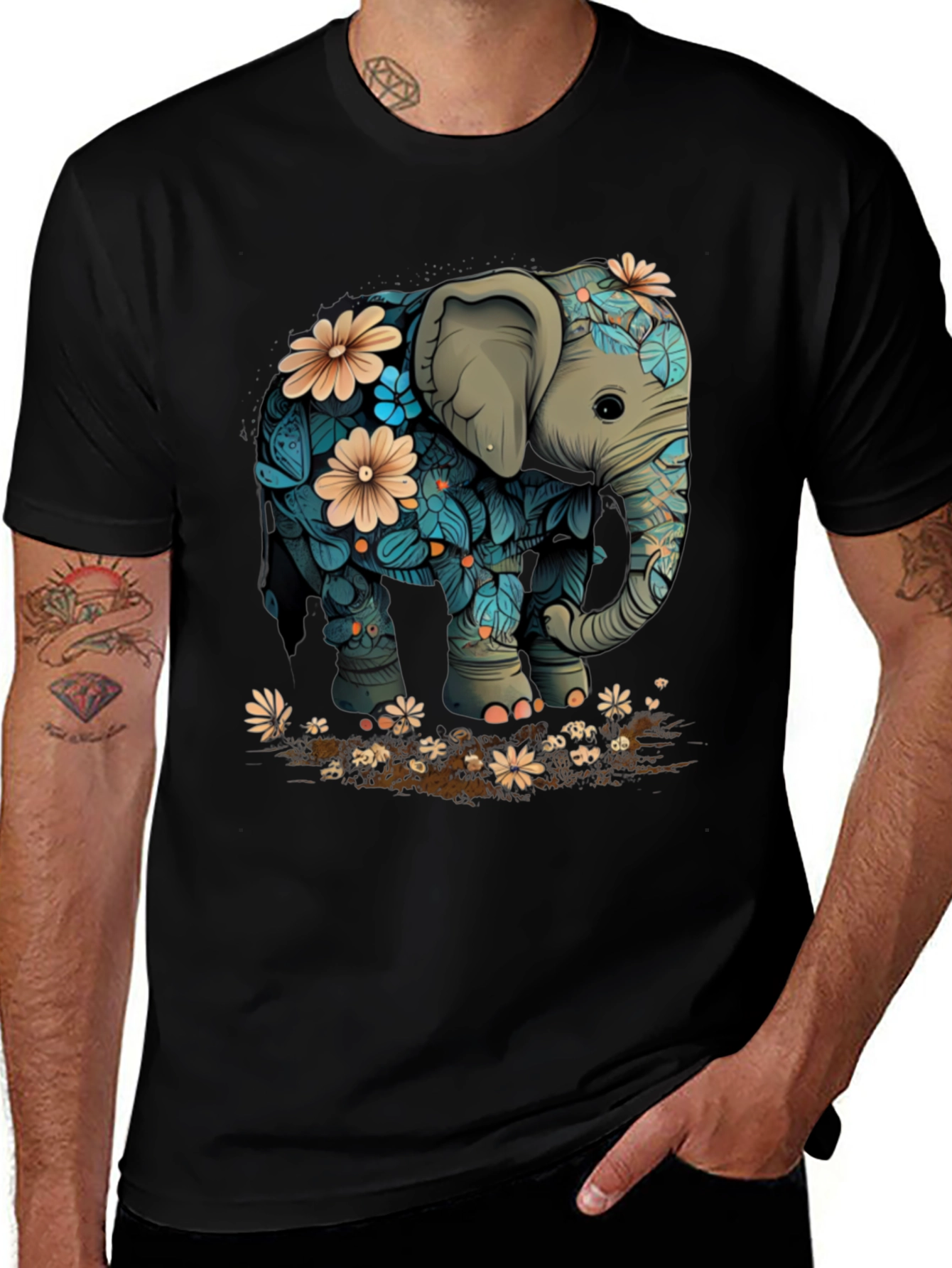 Variant 19 of Floral Elephant Graphic Tee - Black