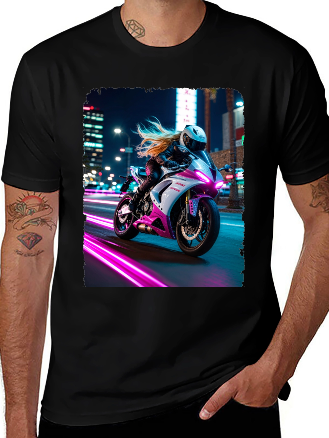 Variant 2 of Motorcycle Rider Graphic T-Shirt - Night City Vibes