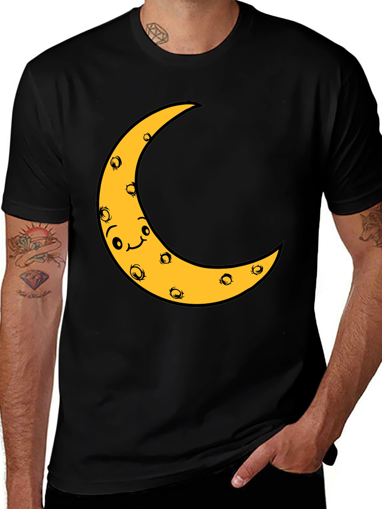 Variant 11 of Smiling Moon Graphic Tee - Black Cotton Comfort