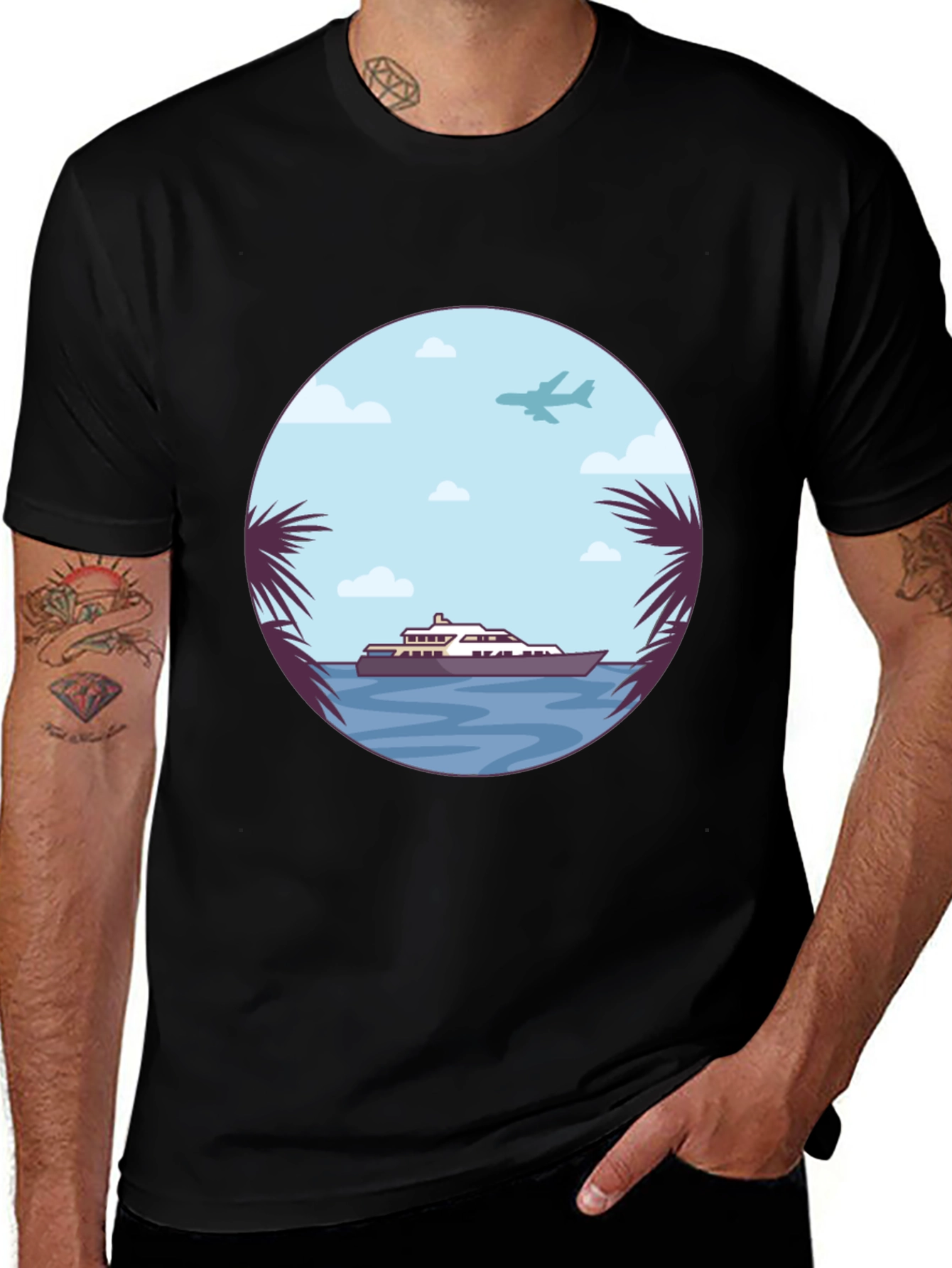 Variant 21 of Tropical Getaway T-Shirt - Yacht & Palm Tree Design