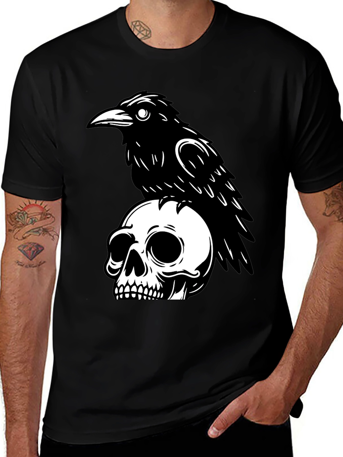 Variant 26 of Raven on Skull Graphic T-Shirt - Black