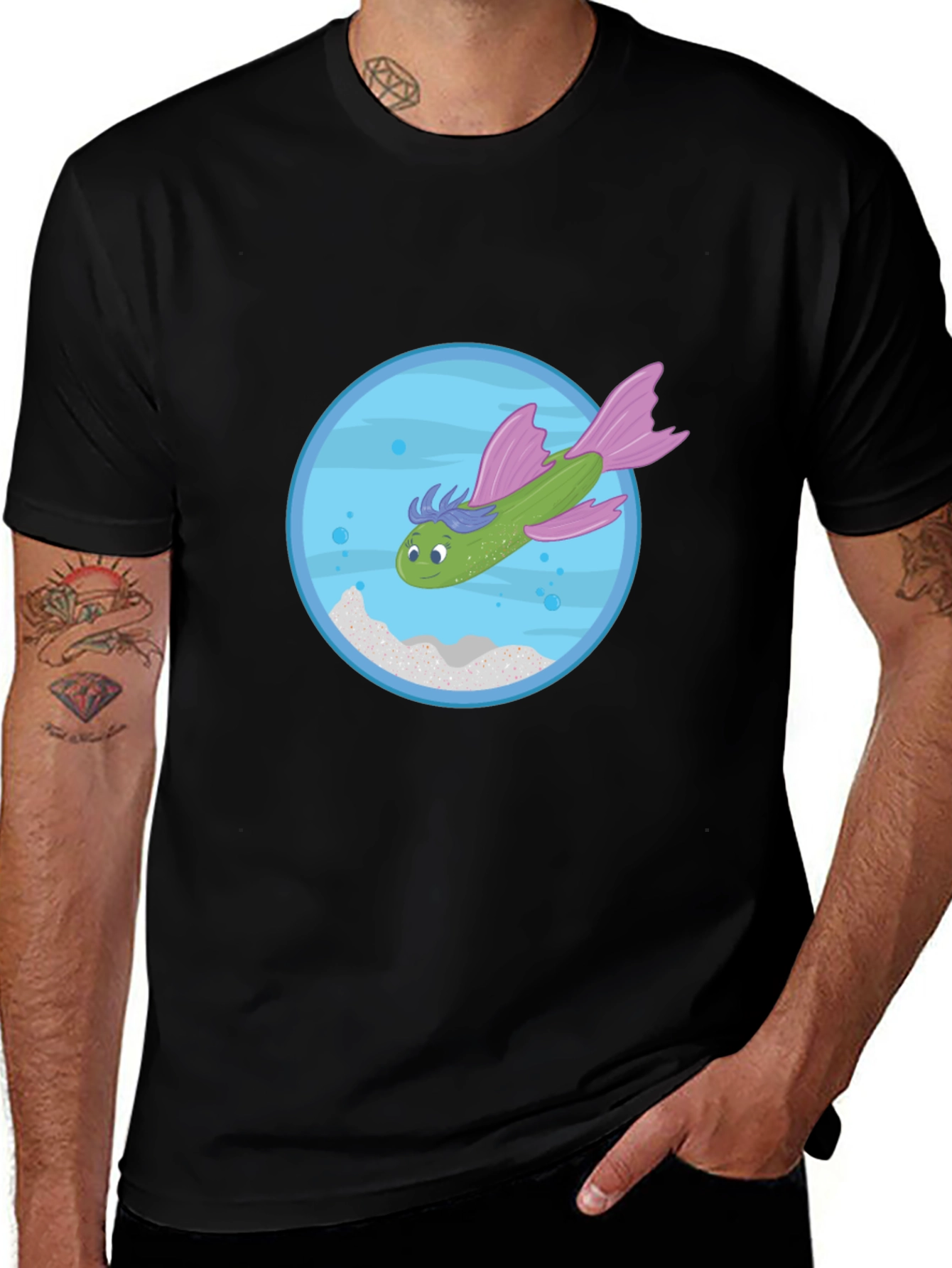 Whimsical Fish Graphic Tee - Black Cotton