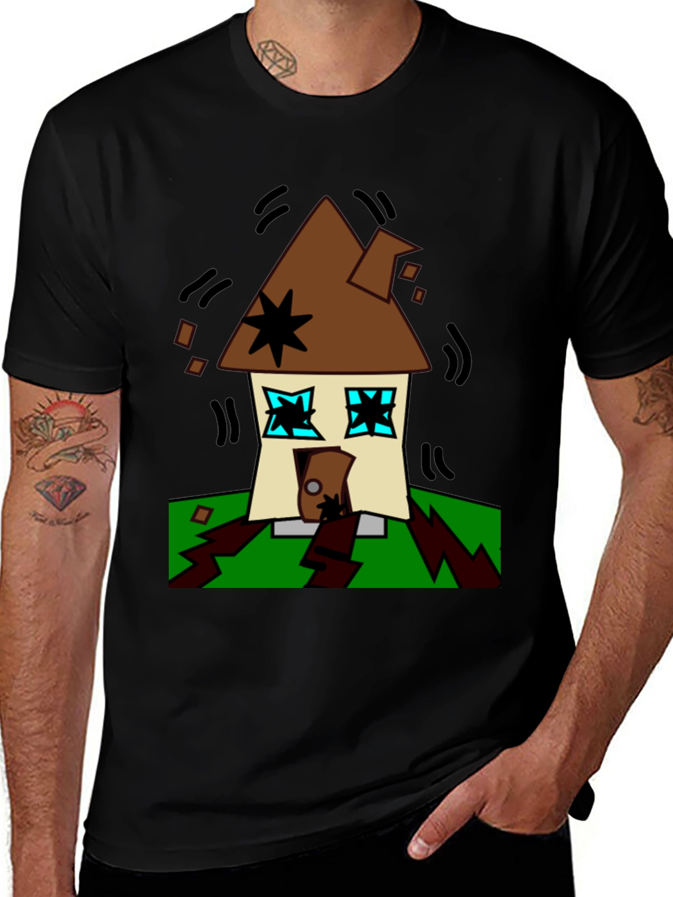 Variant 25 of Earthquake House Cartoon Graphic Black T-Shirt