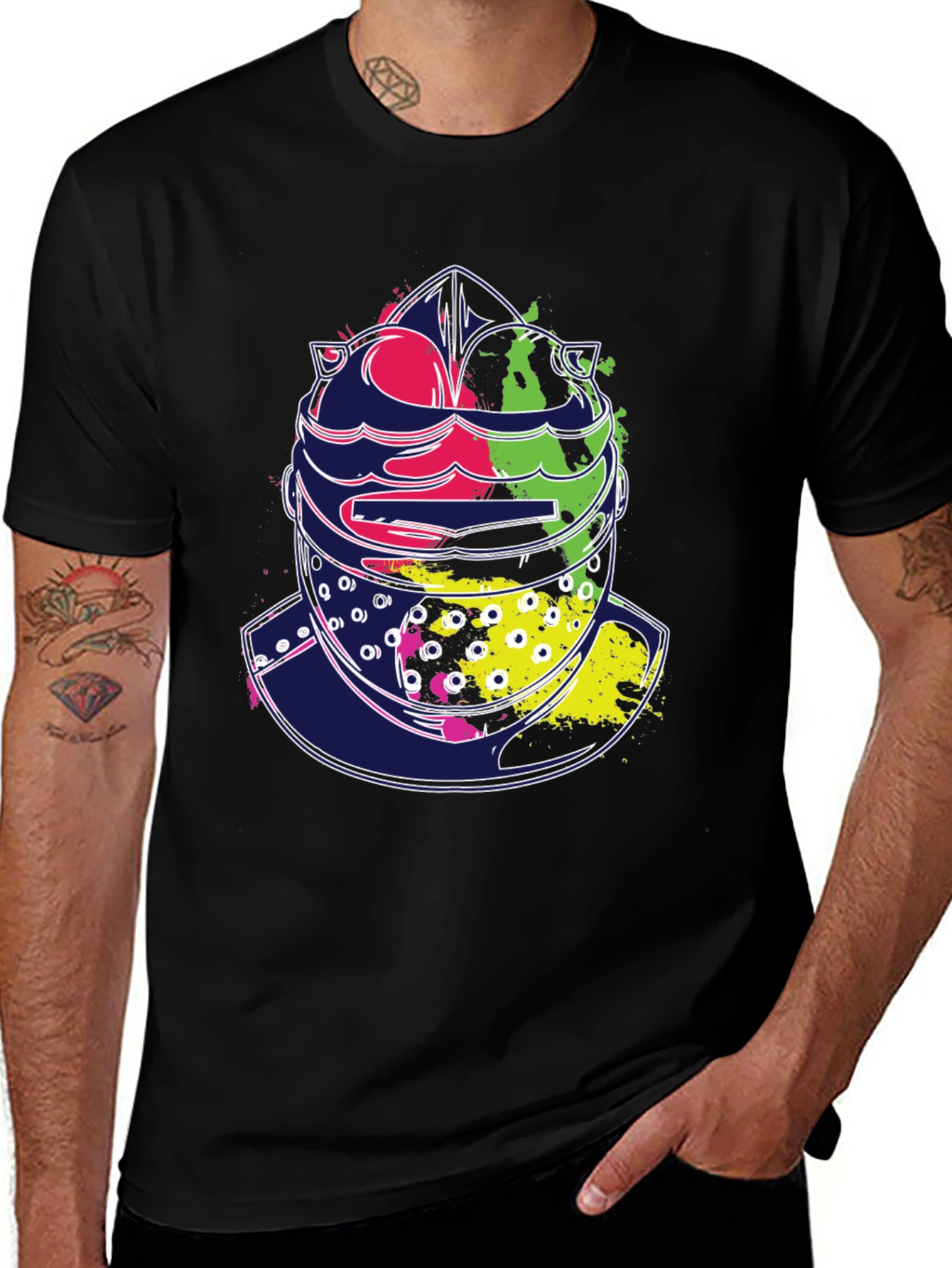 Colorful Knight Helmet Graphic Tee - Black Cotton T-Shirt