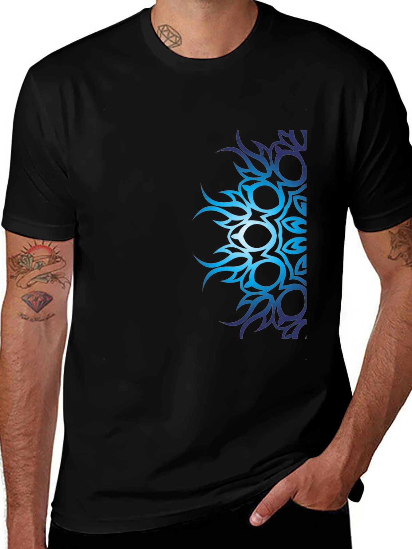 Variant 25 of Men's Black T-Shirt with Blue Tribal Design