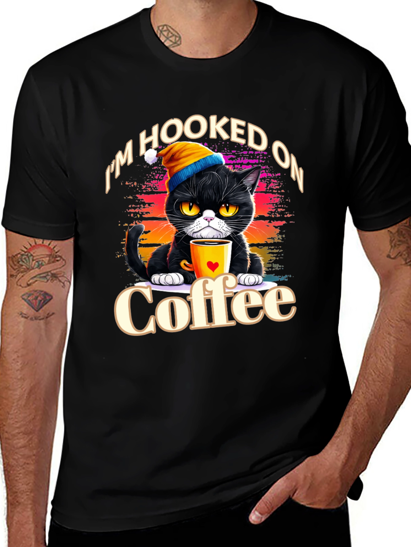 Black Hooked On Coffee Cat T-Shirt main image