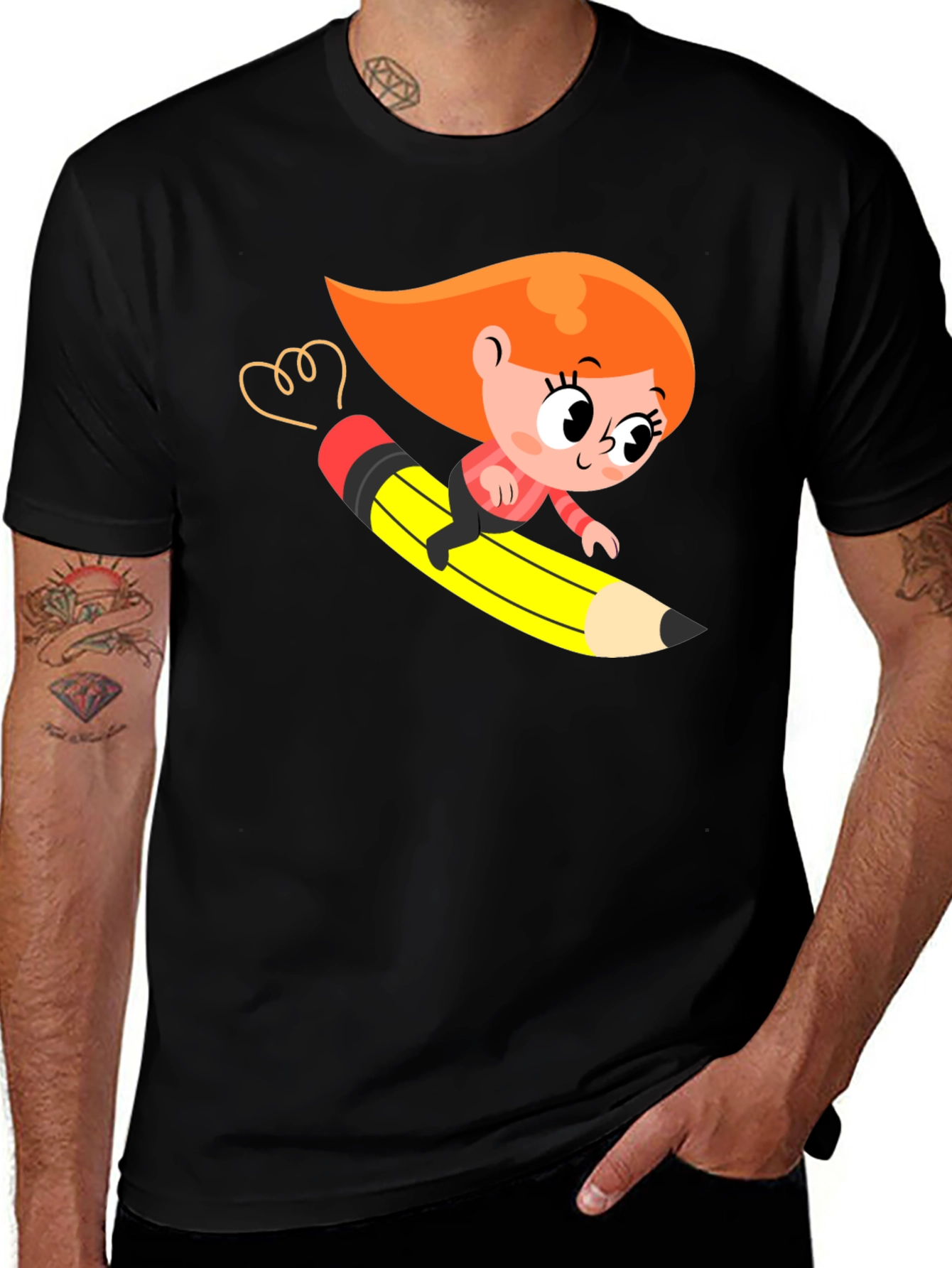 Variant 5 of Cartoon Girl Riding Pencil Black T-Shirt