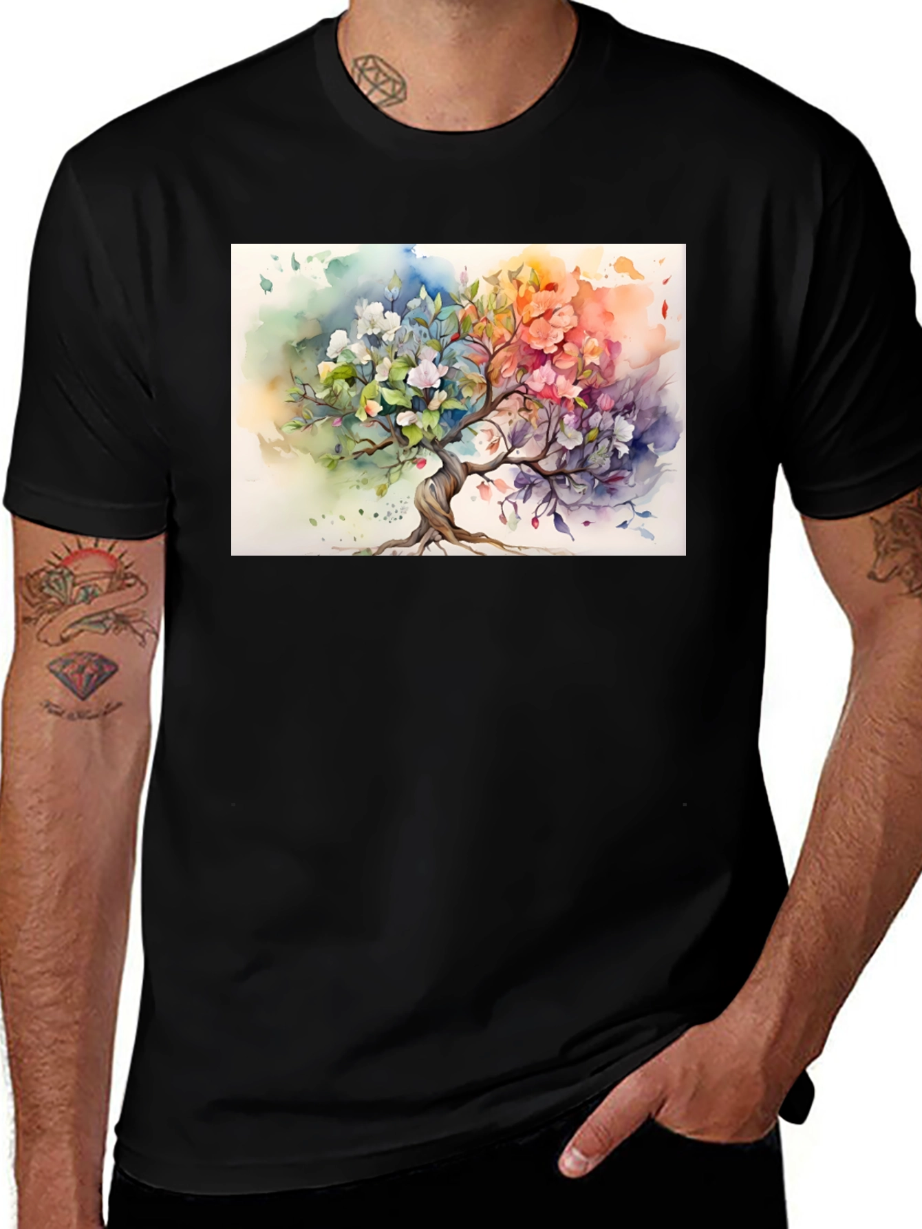 Watercolor Tree Graphic Black T-Shirt