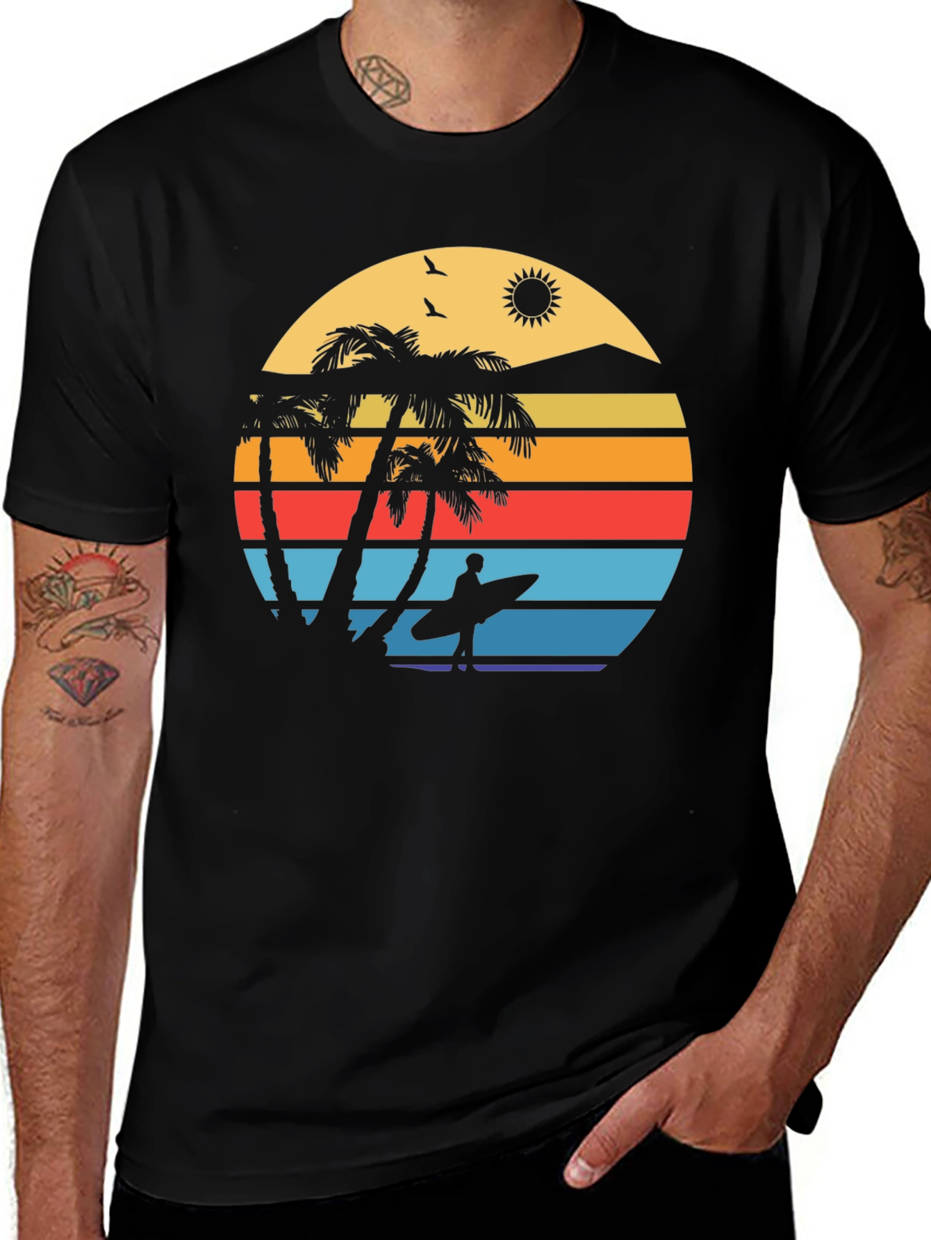 Variant 24 of Retro Sunset Surfer Graphic Tee - Black