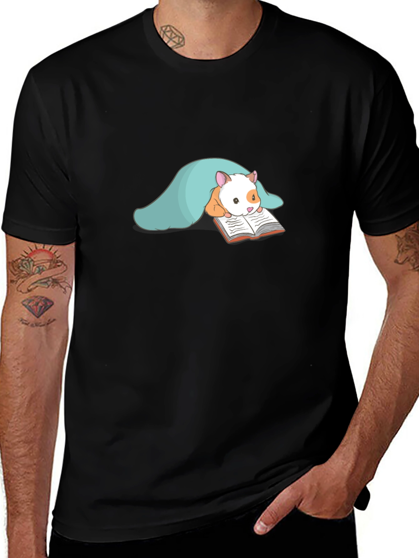 Variant 24 of Cute Hamster Reading T-Shirt - Black