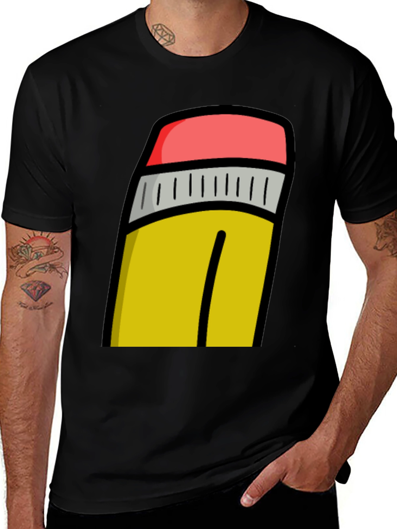 Pencil Graphic Black T-Shirt - Fun Cartoon Design