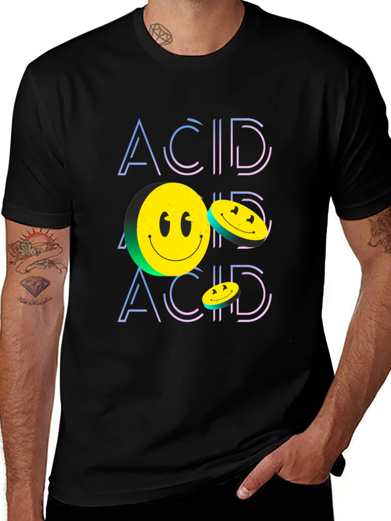 Variant 28 of Acid Smiley Face Black Graphic Tee