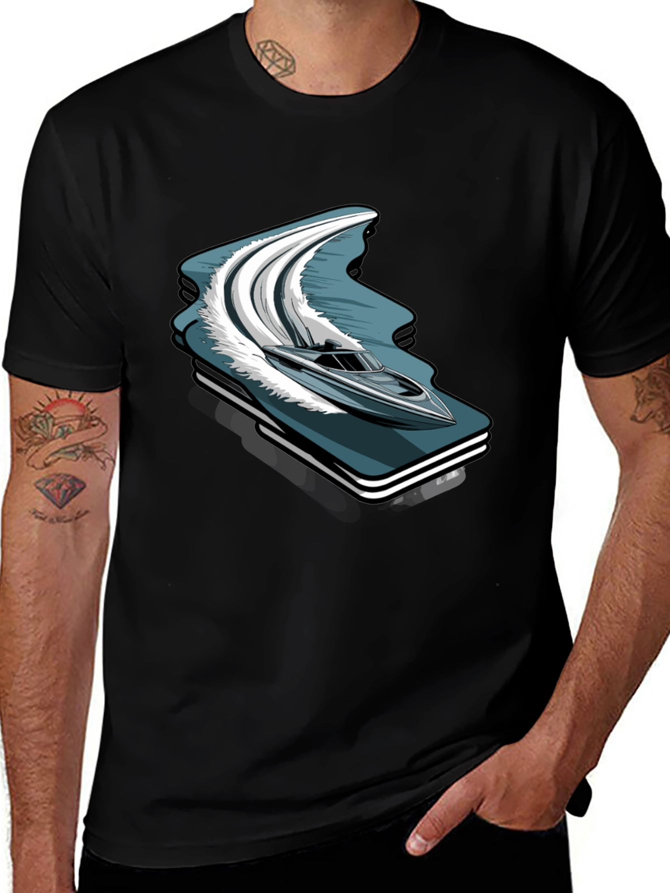 Variant 13 of Boat Graphic Print Tee - Men's Black T-Shirt