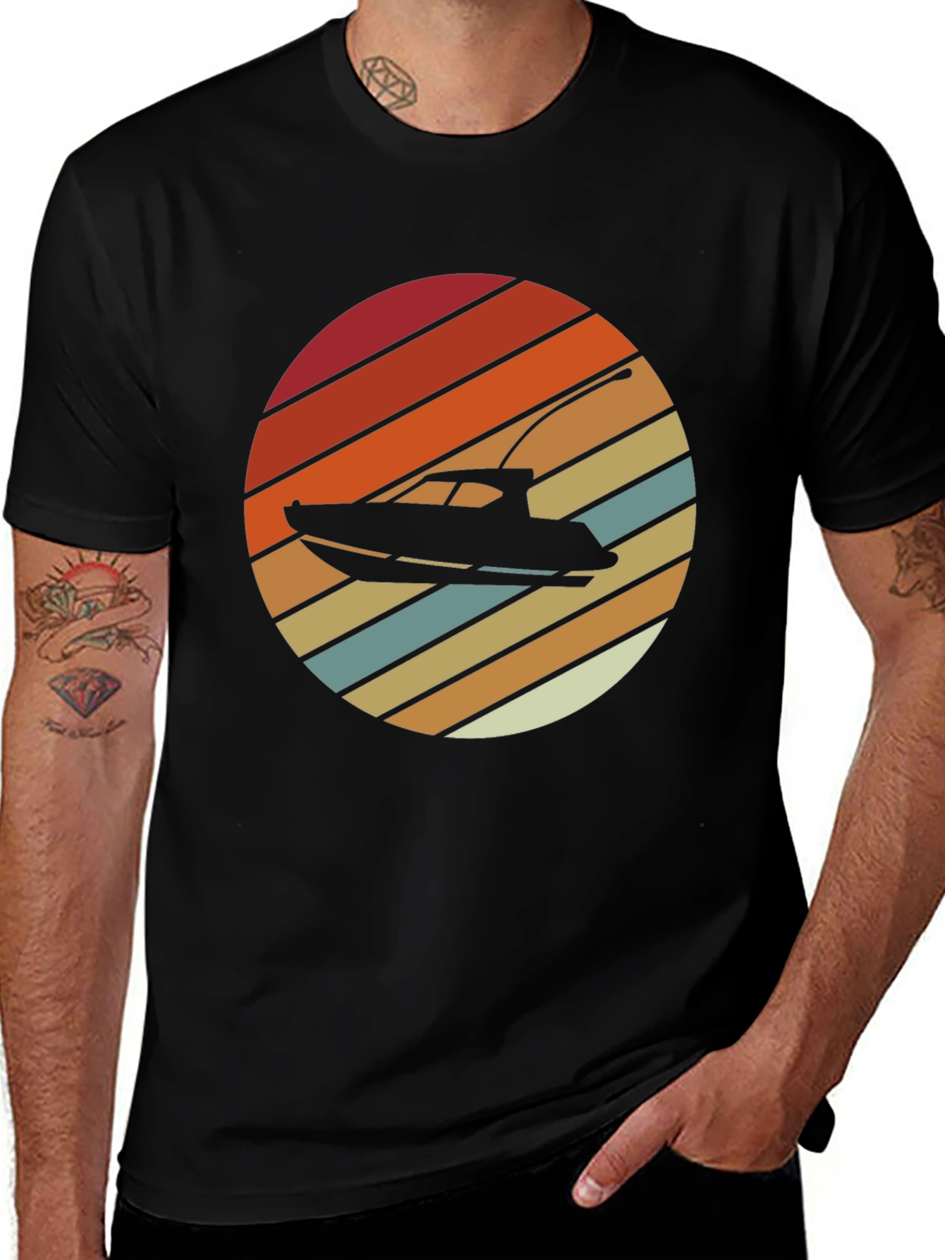 Variant 15 of Retro Boat Sunset Graphic Tee - Black Cotton T-Shirt